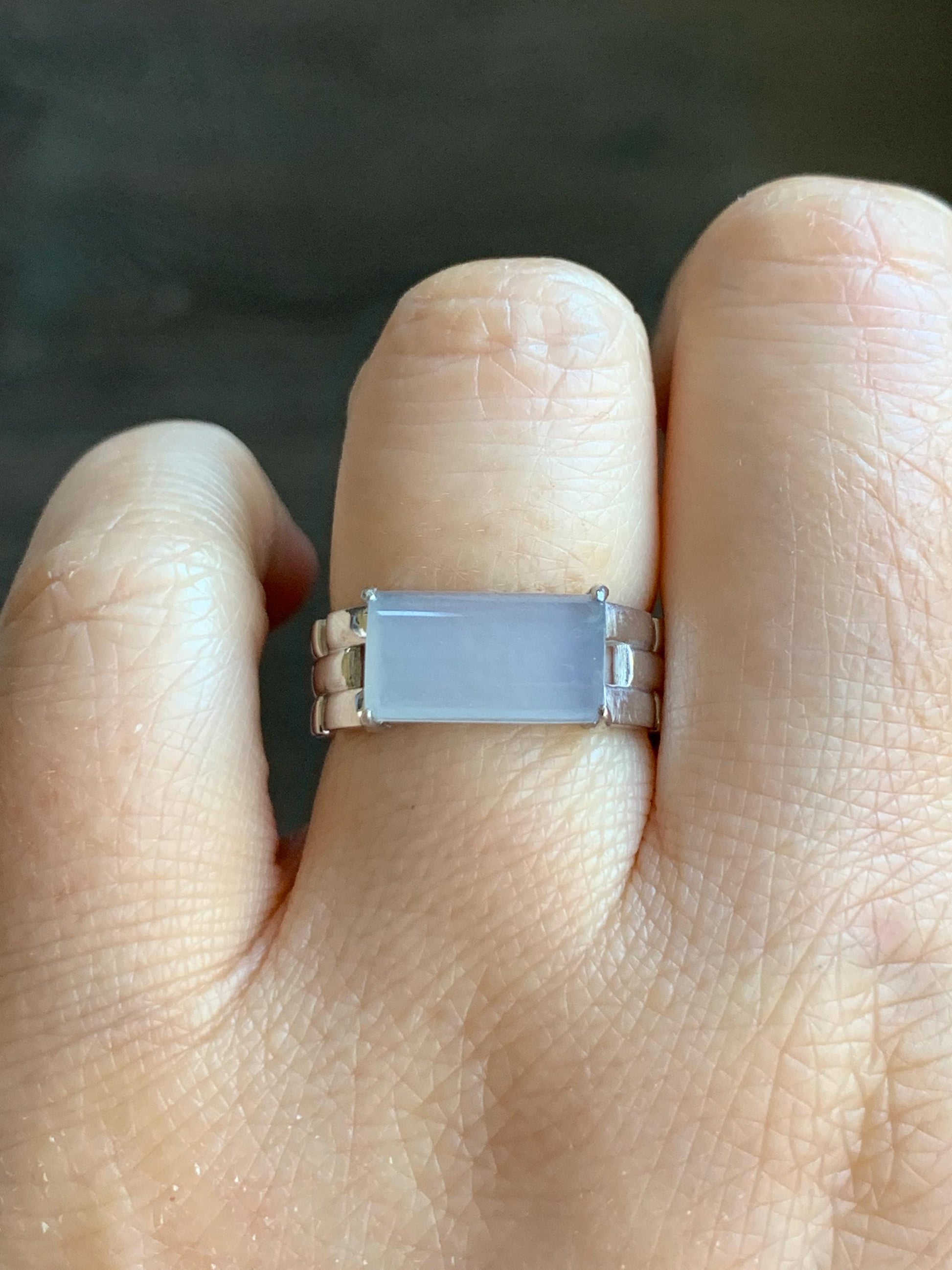 Certified Natural Grade A Icy Premium White Jadeite Saddle Cabochon Buckle Link Band Ring Size 7.25 US 4.37g 天然A货冰淡紫底起光翡翠马鞍手表链戒指 7387
