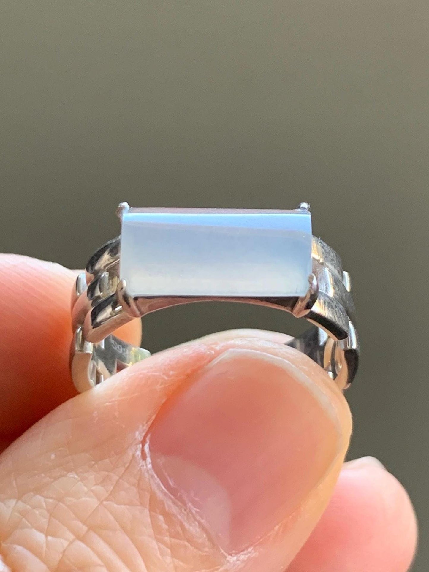 Certified Natural Grade A Icy Premium White Jadeite Saddle Cabochon Buckle Link Band Ring Size 7.25 US 4.37g 天然A货冰淡紫底起光翡翠马鞍手表链戒指 7387