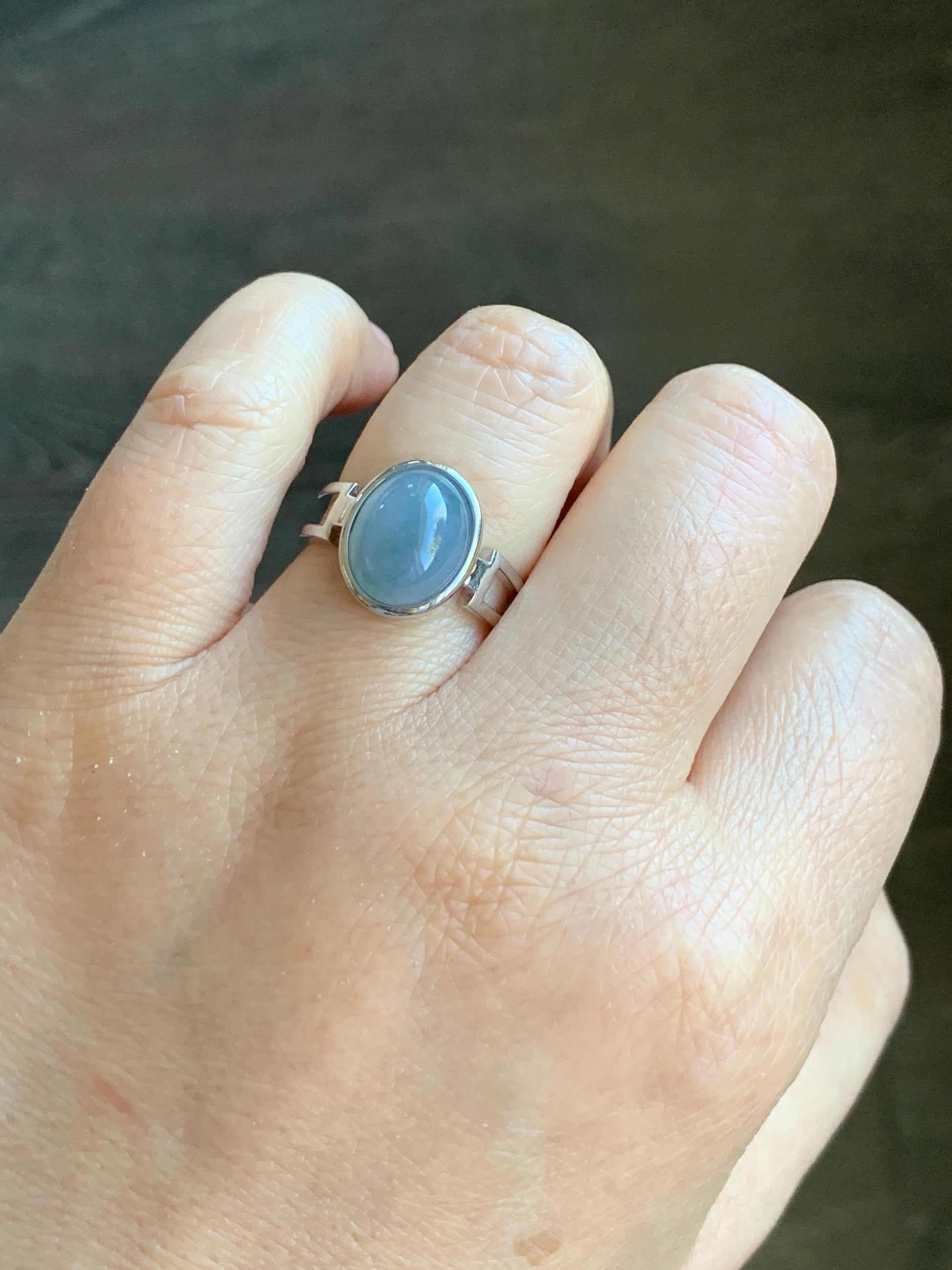 Certified Natural Grade A Icy Translucent Dusty Purplish Blue Jadeite Oval Ring Sterling Silver size 7.25 US 3.89g 天然冰胶危蓝紫飘花翡翠镶嵌戒指 7385