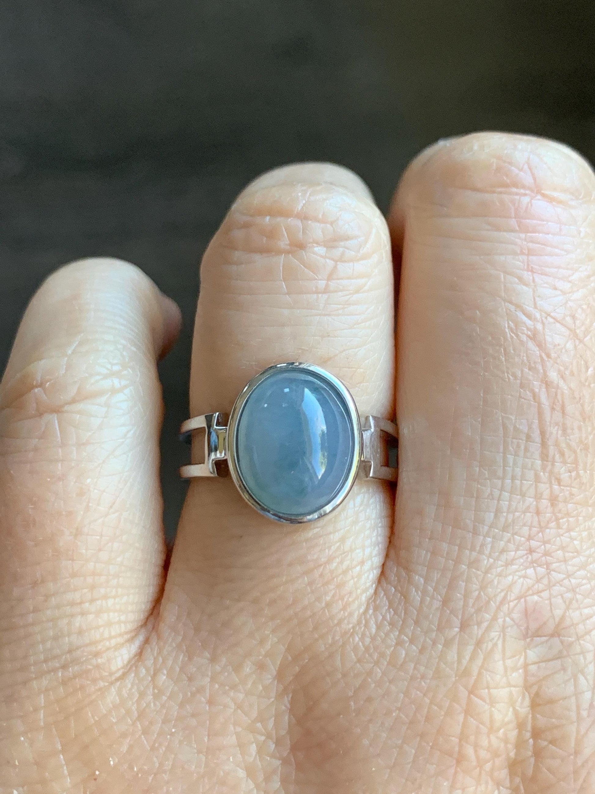 Certified Natural Grade A Icy Translucent Dusty Purplish Blue Jadeite Oval Ring Sterling Silver size 7.25 US 3.89g 天然冰胶危蓝紫飘花翡翠镶嵌戒指 7385