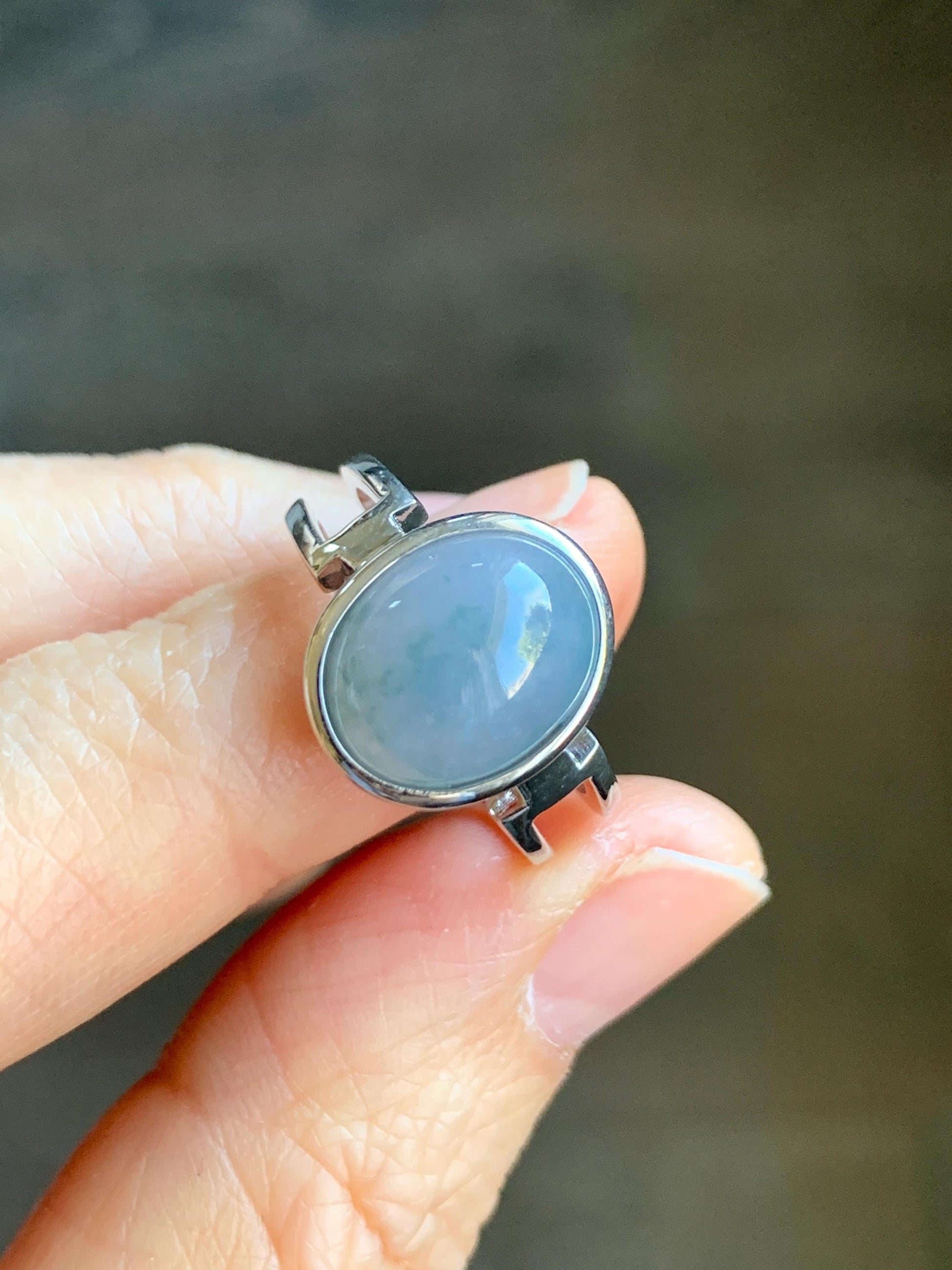 Certified Natural Grade A Icy Translucent Dusty Purplish Blue Jadeite Oval Ring Sterling Silver size 7.25 US 3.89g 天然冰胶危蓝紫飘花翡翠镶嵌戒指 7385
