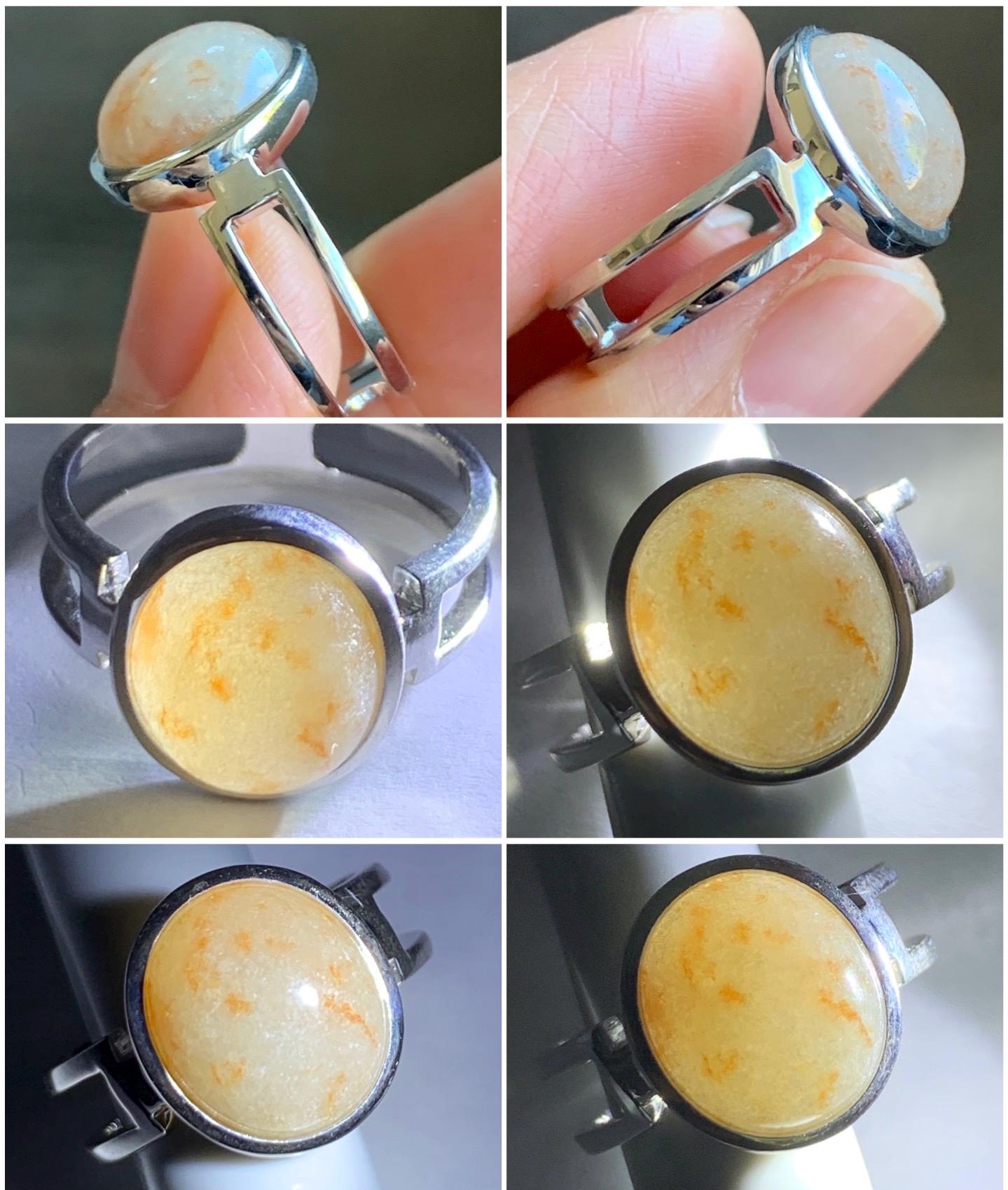 Certified Natural Grade A Icy Translucent Peachy & Orange Marbled Jadeite Oval Ring Sterling Silver size 7.25 US 4.5g 天然冰胶撒金翡翠镶嵌戒指 7388