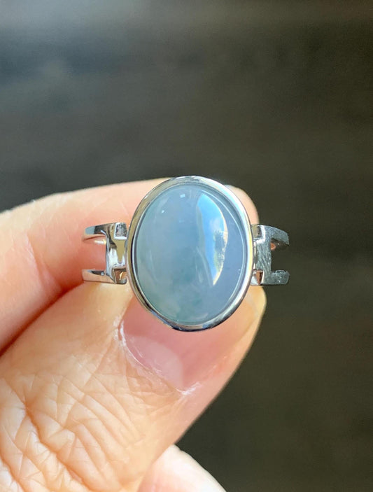 Certified Natural Grade A Icy Translucent Dusty Purplish Blue Jadeite Oval Ring Sterling Silver size 7.25 US 3.89g 天然冰胶危蓝紫飘花翡翠镶嵌戒指 7385