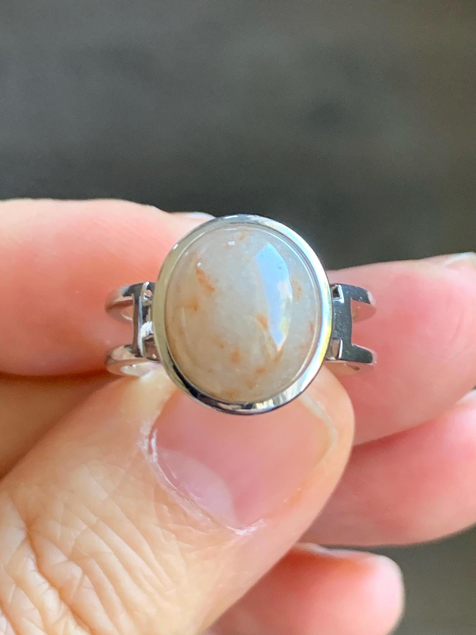 Certified Natural Grade A Icy Translucent Peachy & Orange Marbled Jadeite Oval Ring Sterling Silver size 7.25 US 4.5g 天然冰胶撒金翡翠镶嵌戒指 7388