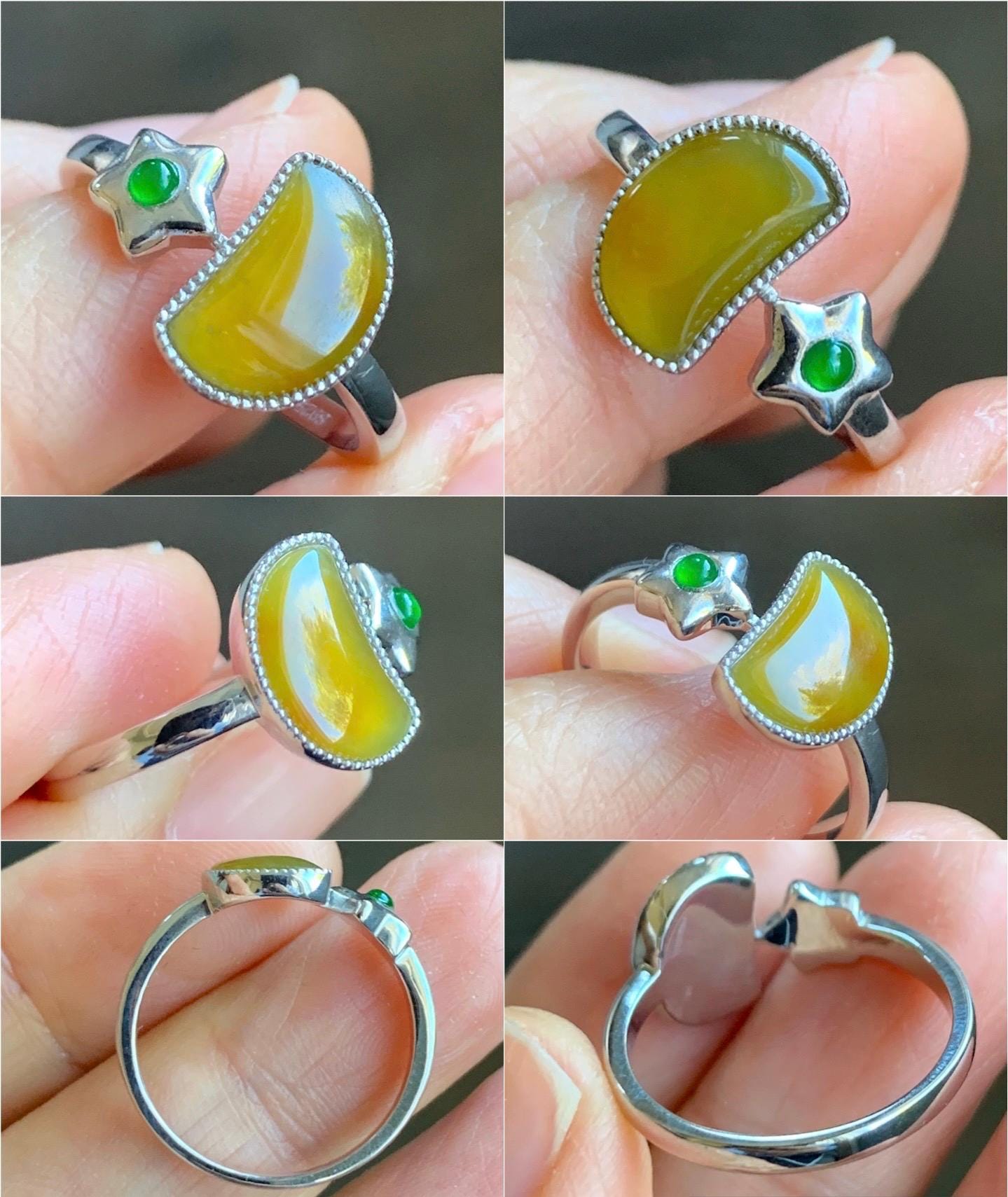 Certified Natural Grade A Icy Highly Translucent Yellow & Green Jadeite Moon Star Ring Sterling Silver size 7.25 US 天然冰黄危绿翡翠月亮星星镶嵌戒指 7407