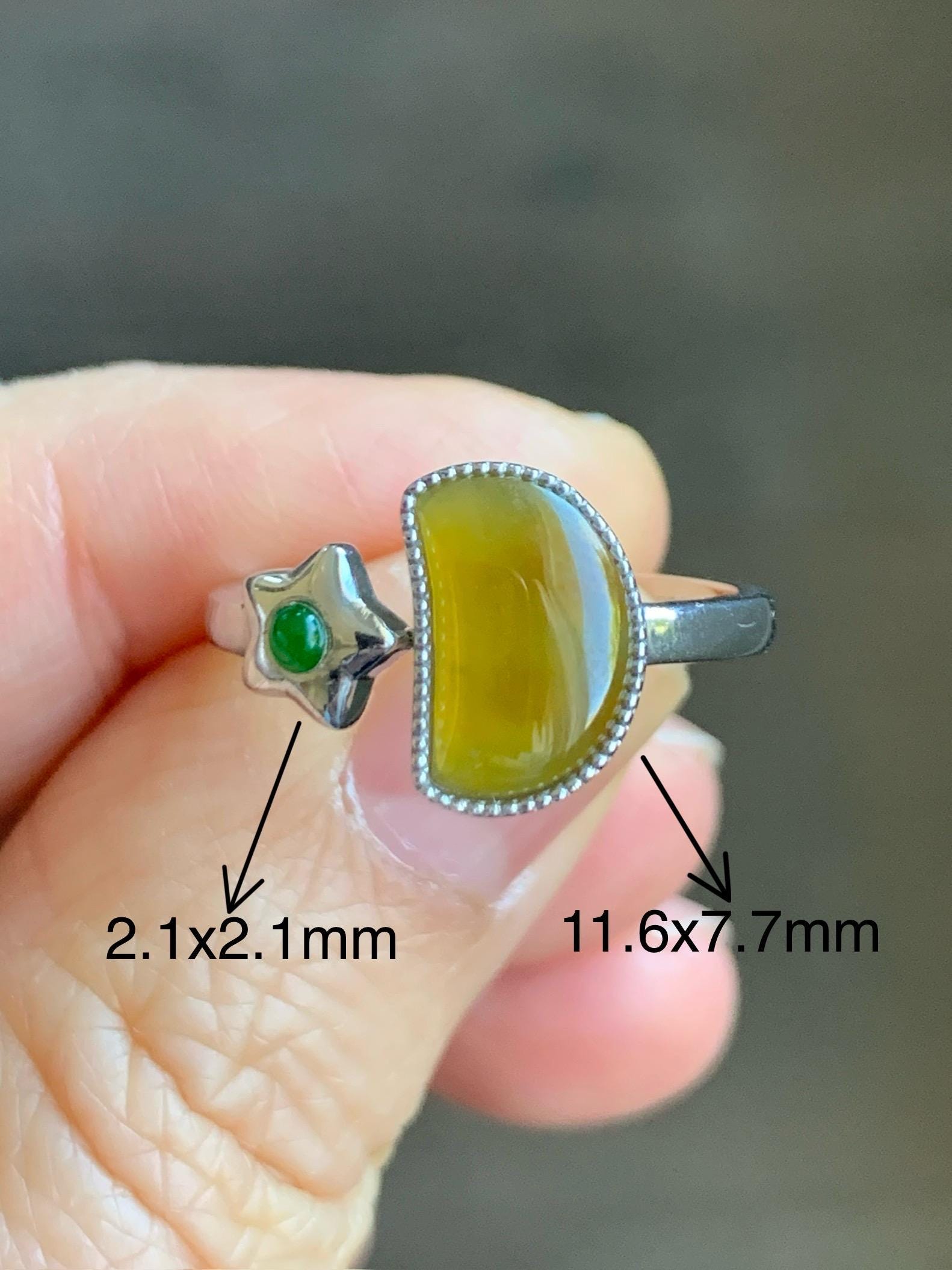 Certified Natural Grade A Icy Highly Translucent Yellow & Green Jadeite Moon Star Ring Sterling Silver size 7.25 US 天然冰黄危绿翡翠月亮星星镶嵌戒指 7407