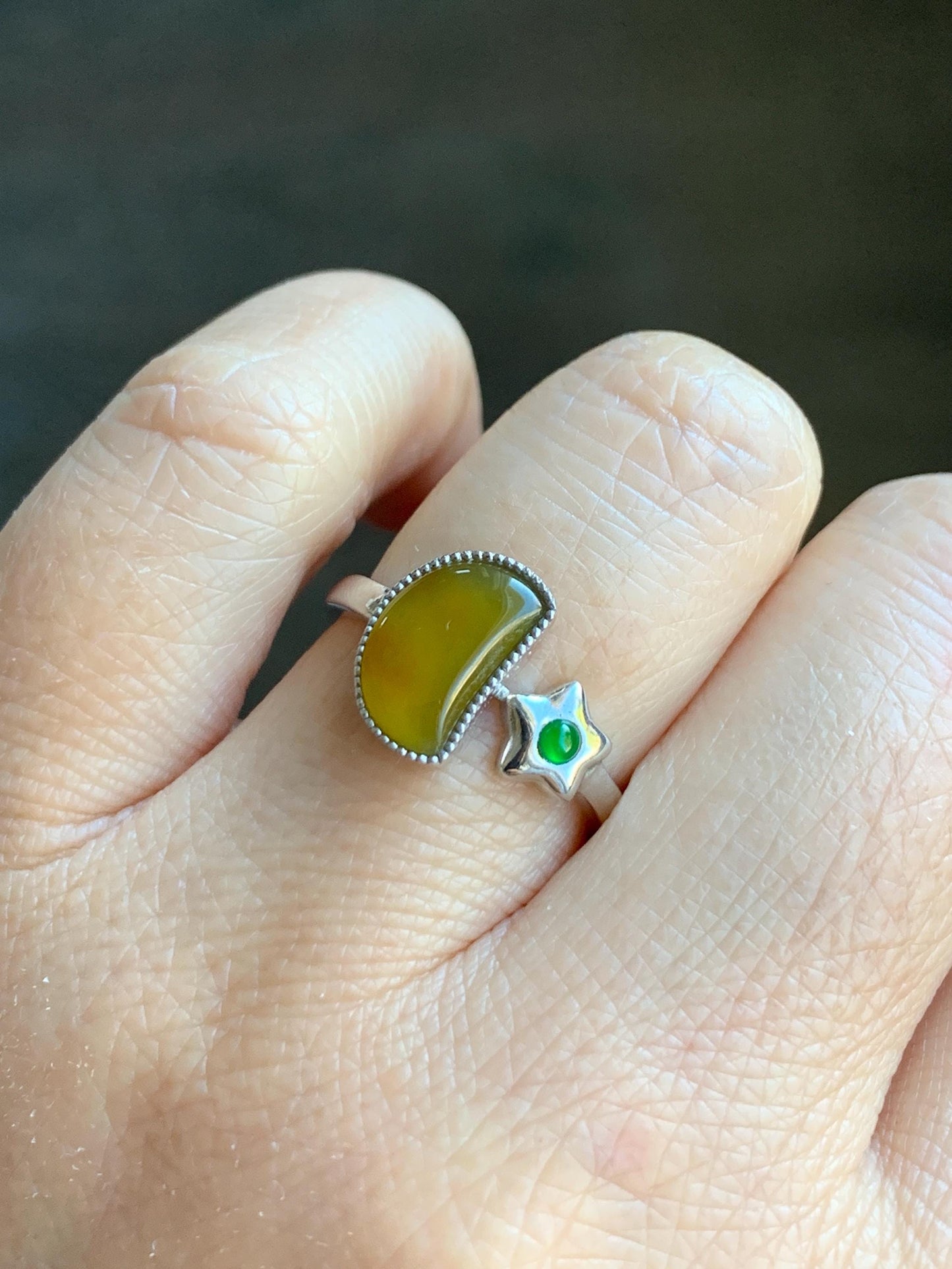 Certified Natural Grade A Icy Highly Translucent Yellow & Green Jadeite Moon Star Ring Sterling Silver size 7.25 US 天然冰黄危绿翡翠月亮星星镶嵌戒指 7407