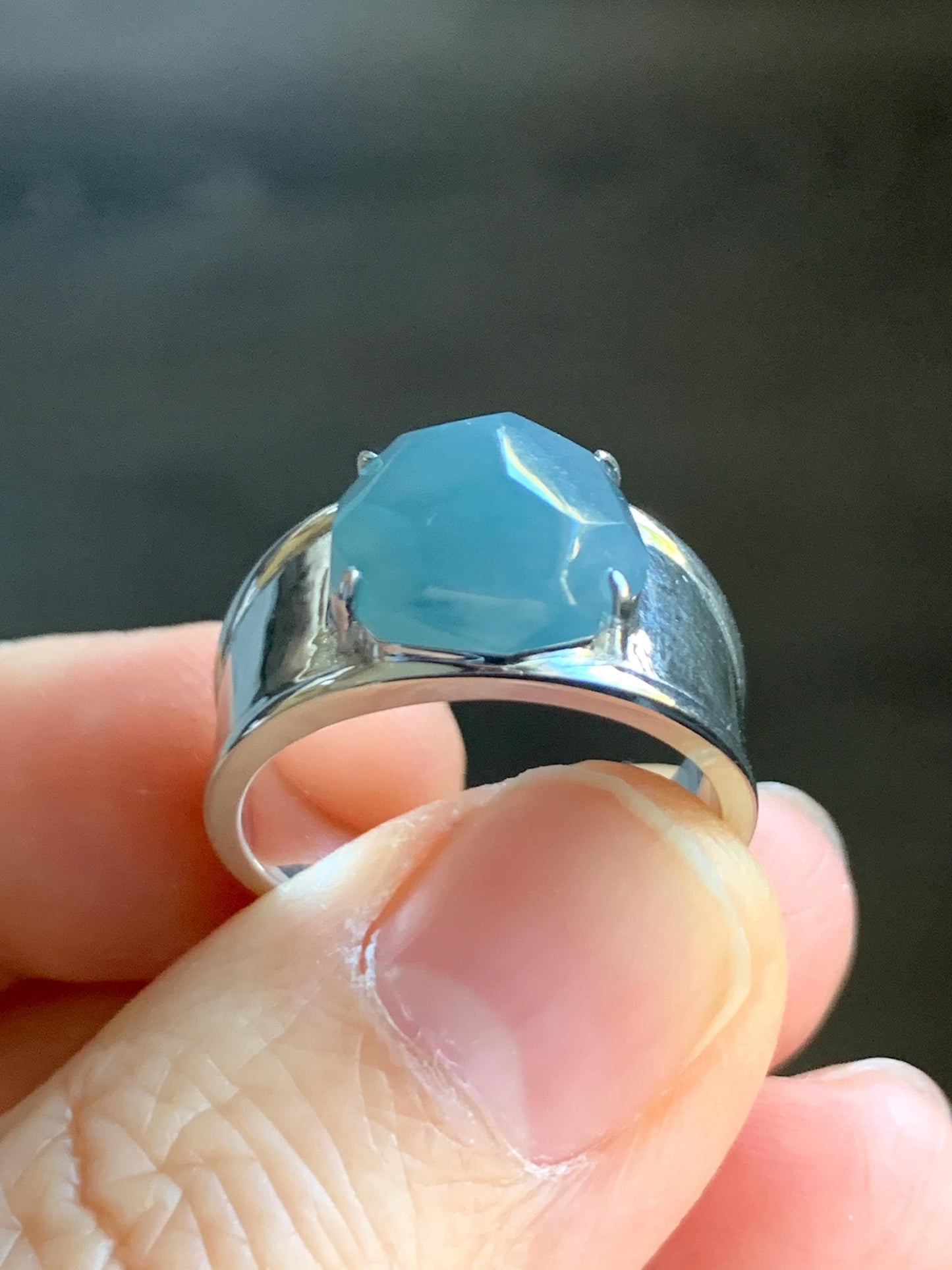 Certified Natural Garde A Icy Translucent Dusty Blue Faceted Jadeite Cabochon Ring Sterling Silver Size 7.25 US 6.2g 天然冰危深蓝切割面翡翠银镶戒指 7382