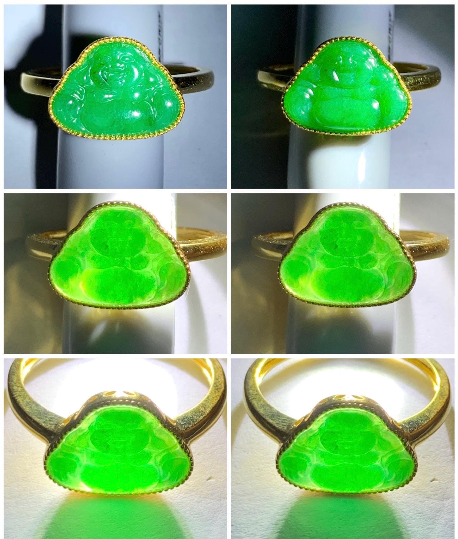 Certified Grade A Natural Icy Translucent Bright Vibrant Green Jadeite Buddha Ring Solid 18K Yellow Gold Size 7.25 US