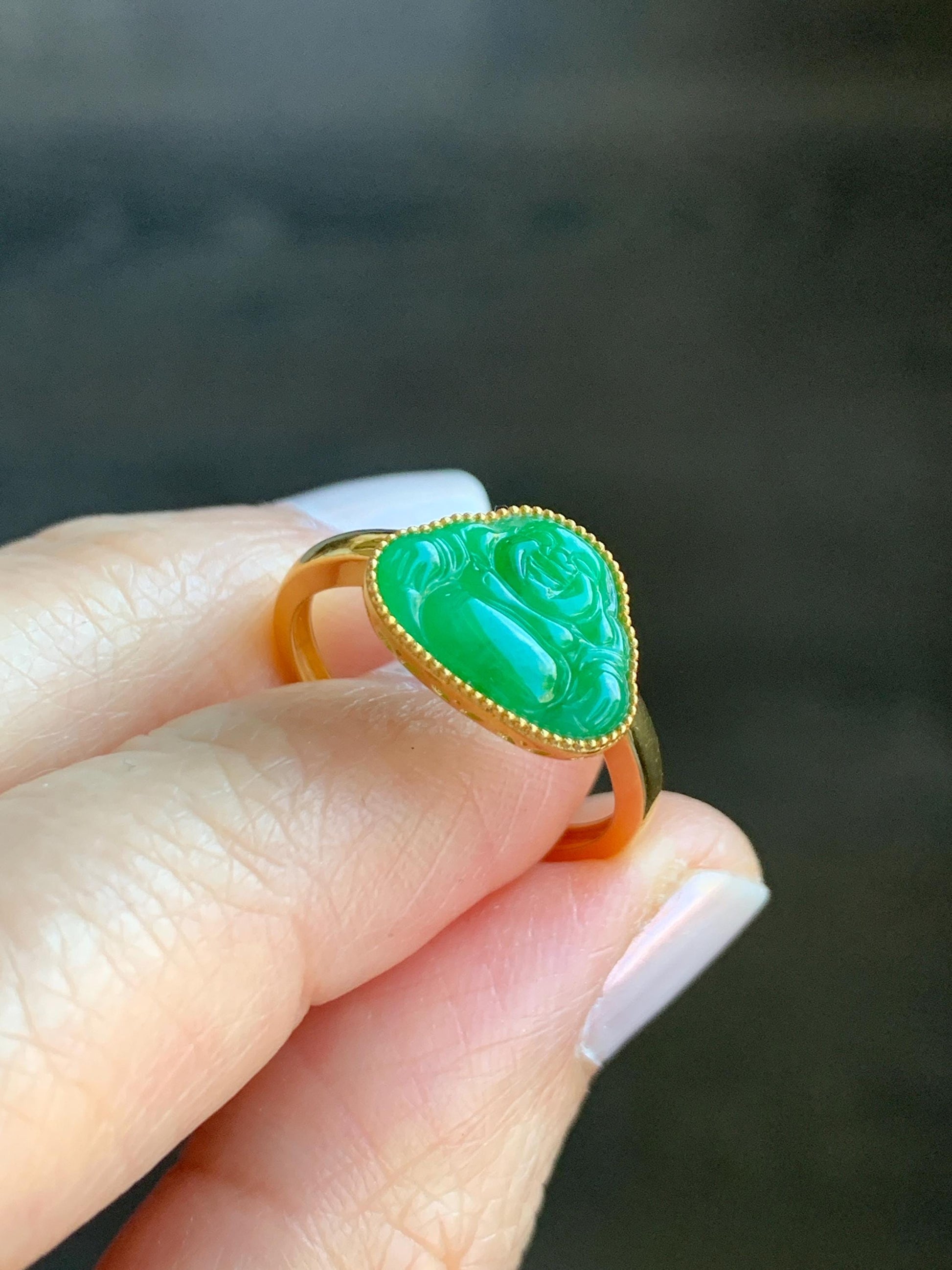 Certified Grade A Natural Icy Translucent Bright Vibrant Green Jadeite Buddha Ring Solid 18K Yellow Gold Size 7.25 US