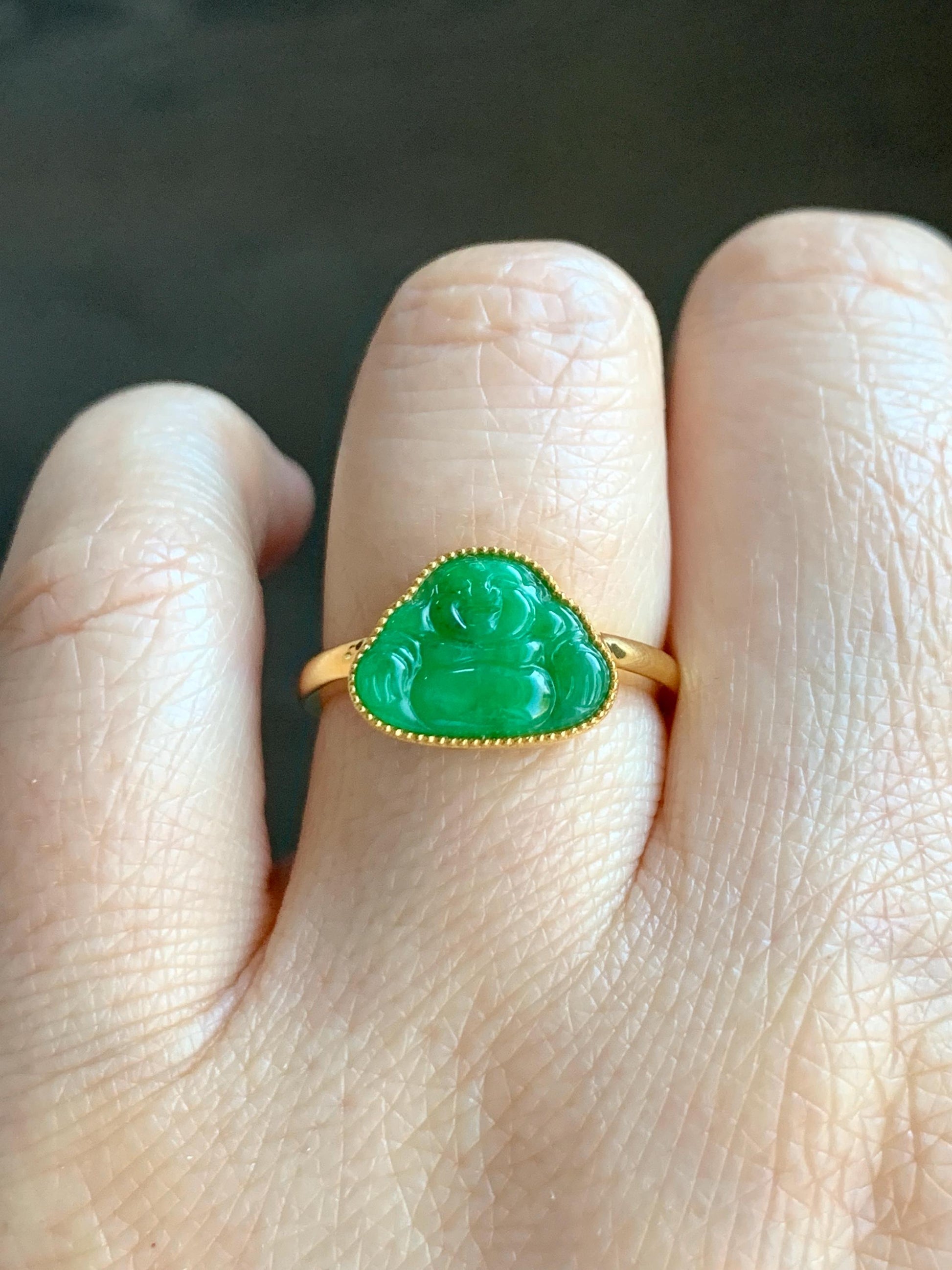 Certified Grade A Natural Icy Translucent Bright Vibrant Green Jadeite Buddha Ring Solid 18K Yellow Gold Size 7.25 US