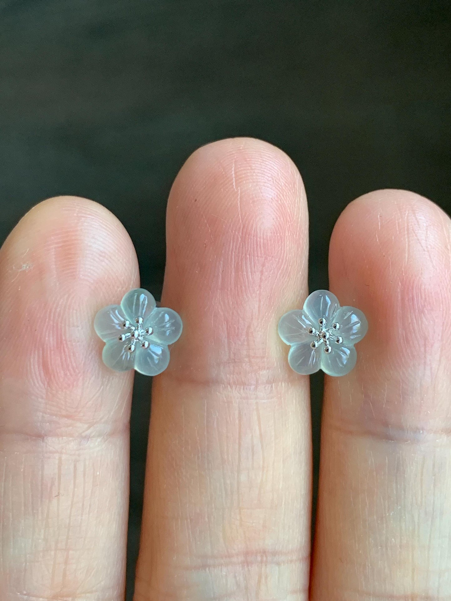Certified Natural Grade A Icy Highly Translucent Pastel Green Jadeite Cherry Blossom Stud Earrings 18K White Gold 1.2g