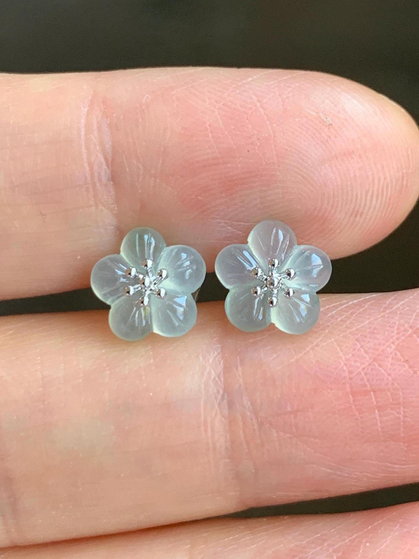 Certified Natural Grade A Icy Highly Translucent Pastel Green Jadeite Cherry Blossom Stud Earrings 18K White Gold 1.2g