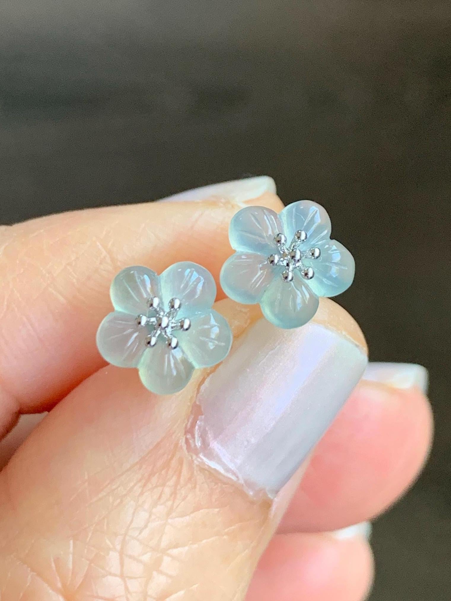 Certified Natural Grade A Icy Highly Translucent Pastel Green Jadeite Cherry Blossom Stud Earrings 18K White Gold 1.2g