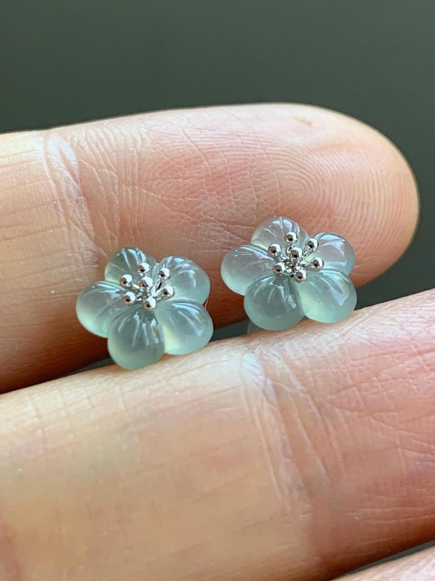 Certified Natural Grade A Icy Highly Translucent Pastel Green Jadeite Cherry Blossom Stud Earrings 18K White Gold 1.2g