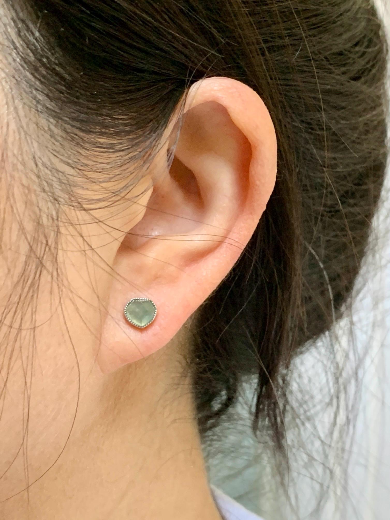 Certified Natural Grade A Icy Highly Translucent Light Green Jadeite Faceted Cabochon Stud Earrings 18K White Gold