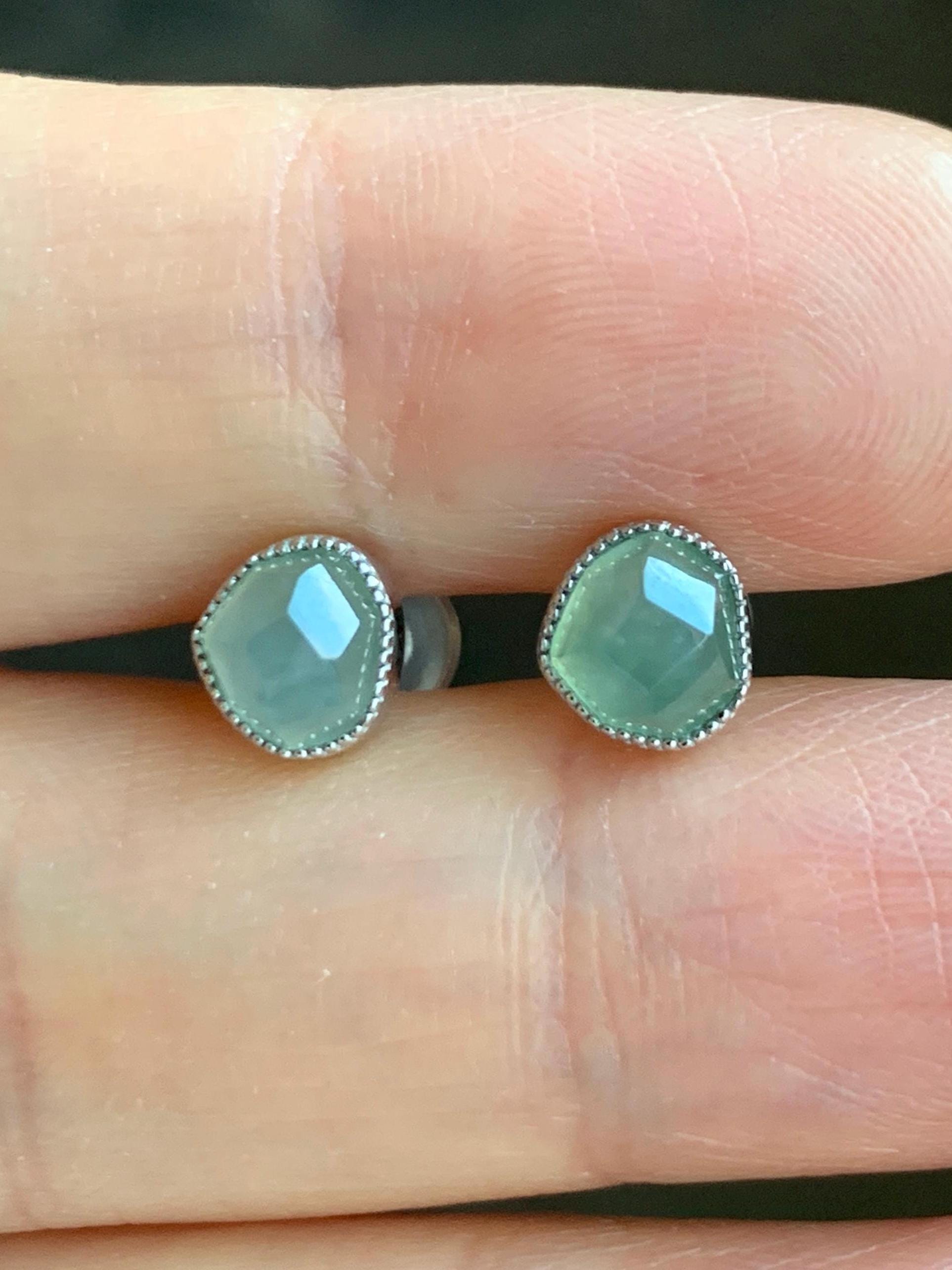 Certified Natural Grade A Icy Highly Translucent Light Green Jadeite Faceted Cabochon Stud Earrings 18K White Gold