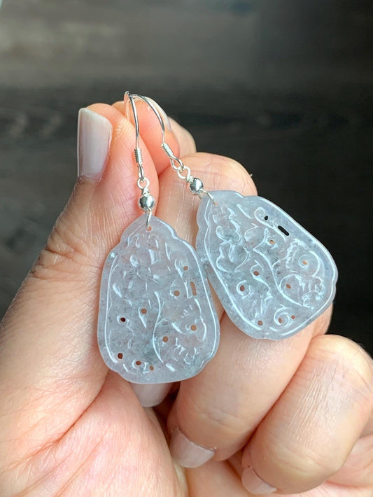 Natural Grade A Icy Translucent Light Wuji Jadeite Openwork Engraved Dangle Earrings Sterling Silver 天然冰胶乌鸡翡翠仿古镂空雕银耳钩