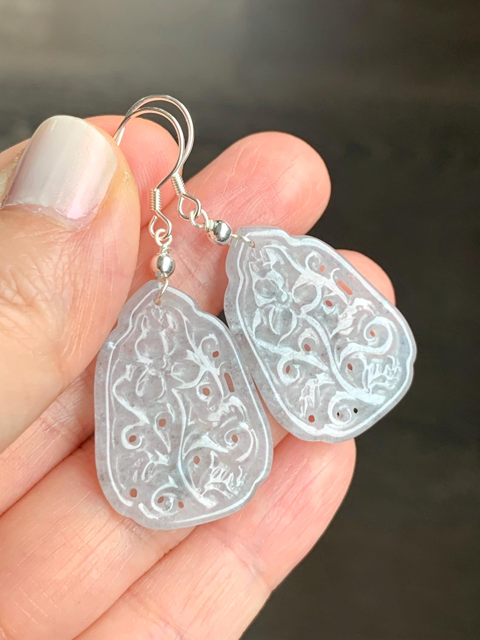 Natural Grade A Icy Translucent Light Wuji Jadeite Openwork Engraved Dangle Earrings Sterling Silver 天然冰胶乌鸡翡翠仿古镂空雕银耳钩 A