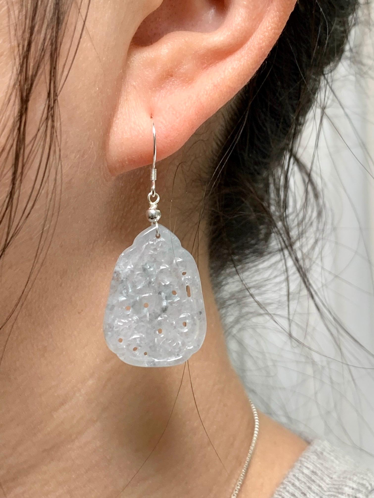 Natural Grade A Icy Translucent Light Wuji Jadeite Openwork Engraved Dangle Earrings Sterling Silver