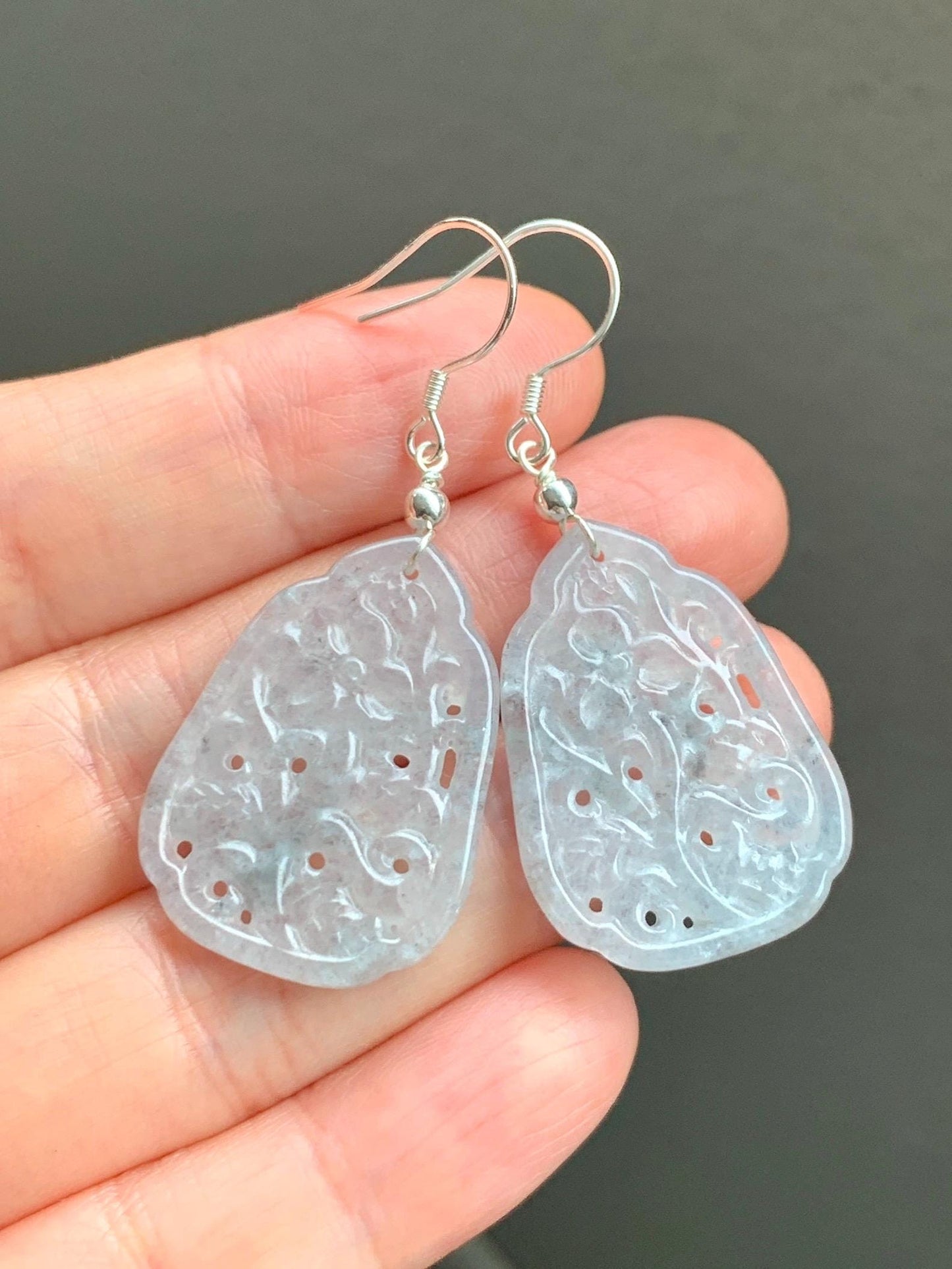 Natural Grade A Icy Translucent Light Wuji Jadeite Openwork Engraved Dangle Earrings Sterling Silver