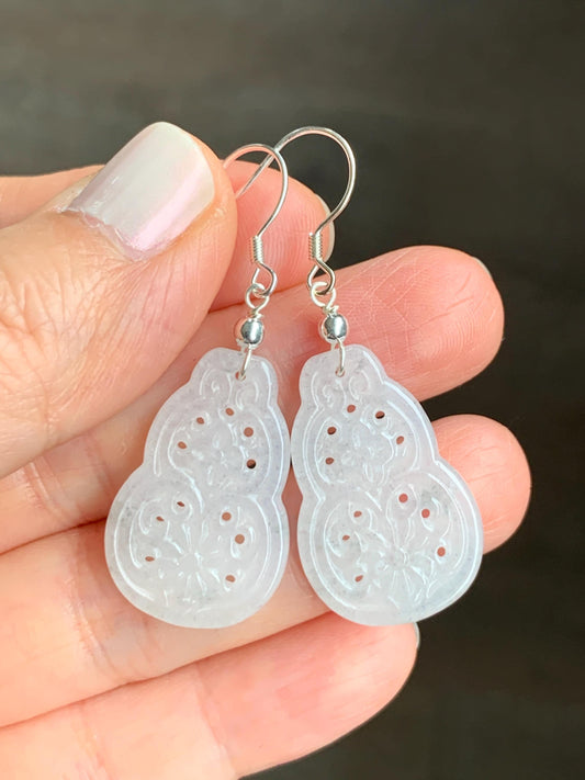 Natural Grade A Icy Translucent White Wuji Hulu Gourd Jadeite Openwork Engraved Dangle Earrings Sterling Silver 天然白冰胶乌鸡翡翠仿古镂空雕葫芦银耳钩