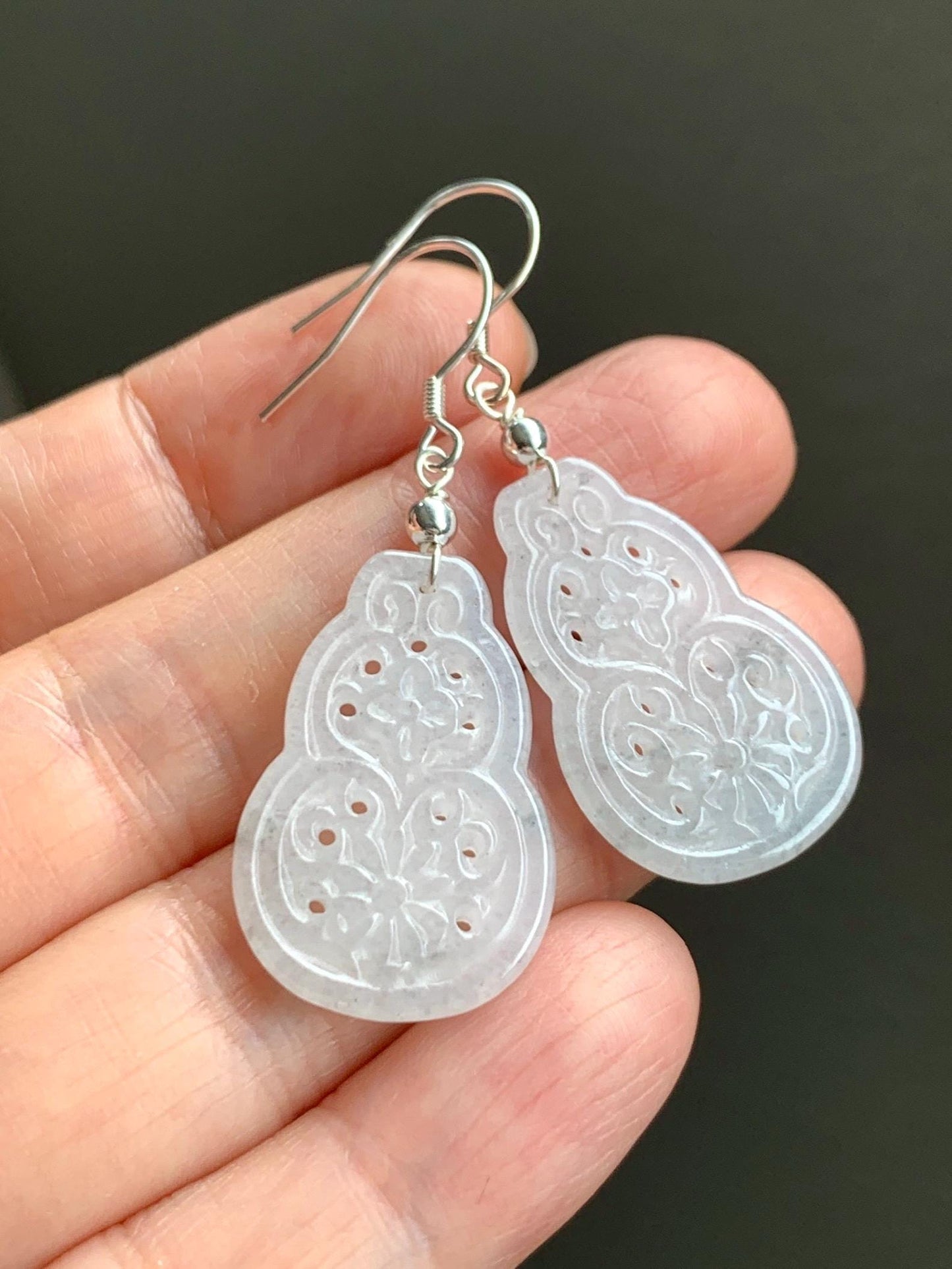 Natural Grade A Icy Translucent White Wuji Hulu Gourd Jadeite Openwork Engraved Dangle Earrings Sterling Silver 天然白冰胶乌鸡翡翠仿古镂空雕葫芦银耳钩 C