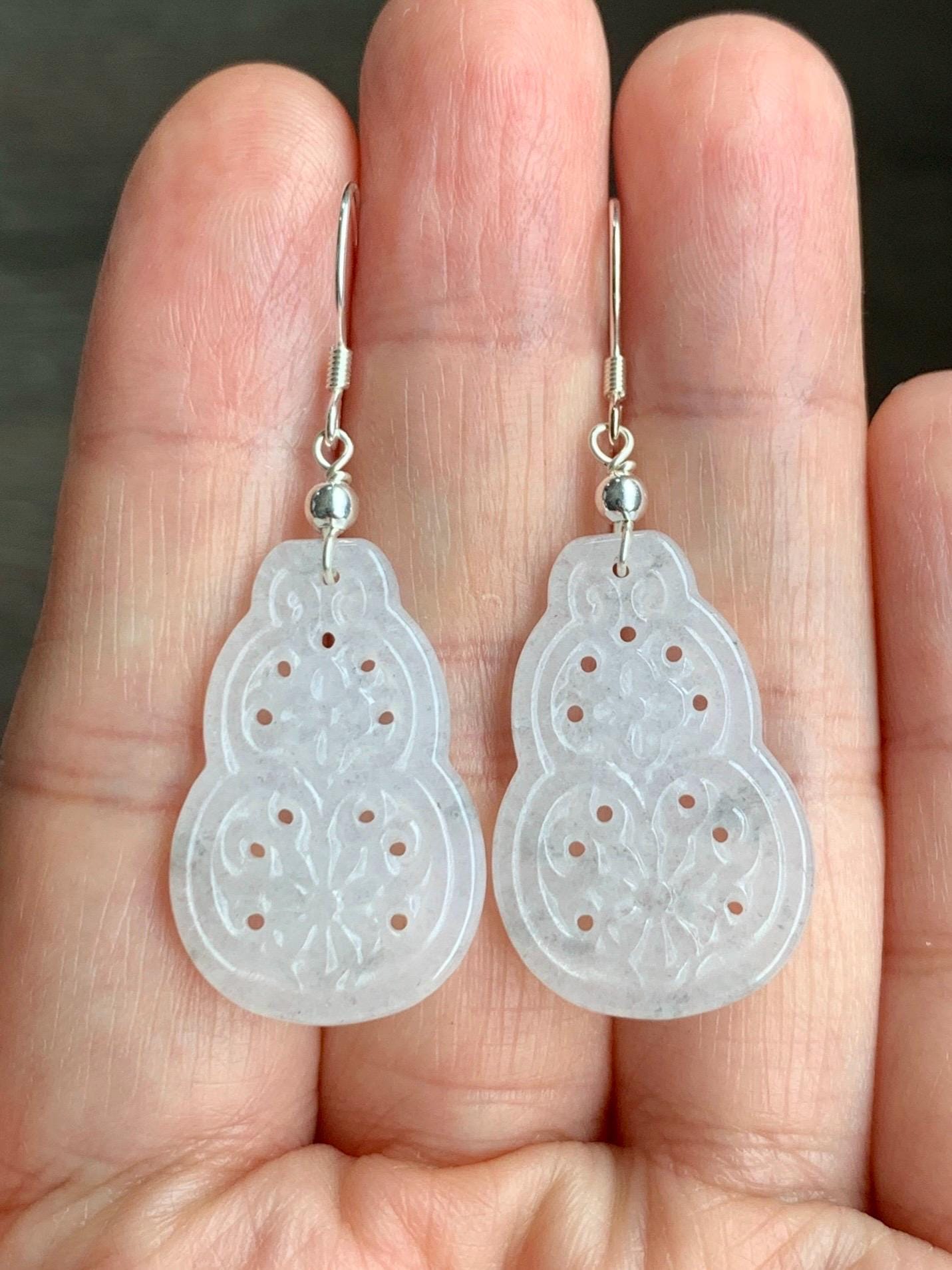 Natural Grade A Icy Translucent White Wuji Hulu Gourd Jadeite Openwork Engraved Dangle Earrings Sterling Silver 天然白冰胶乌鸡翡翠仿古镂空雕葫芦银耳钩 C