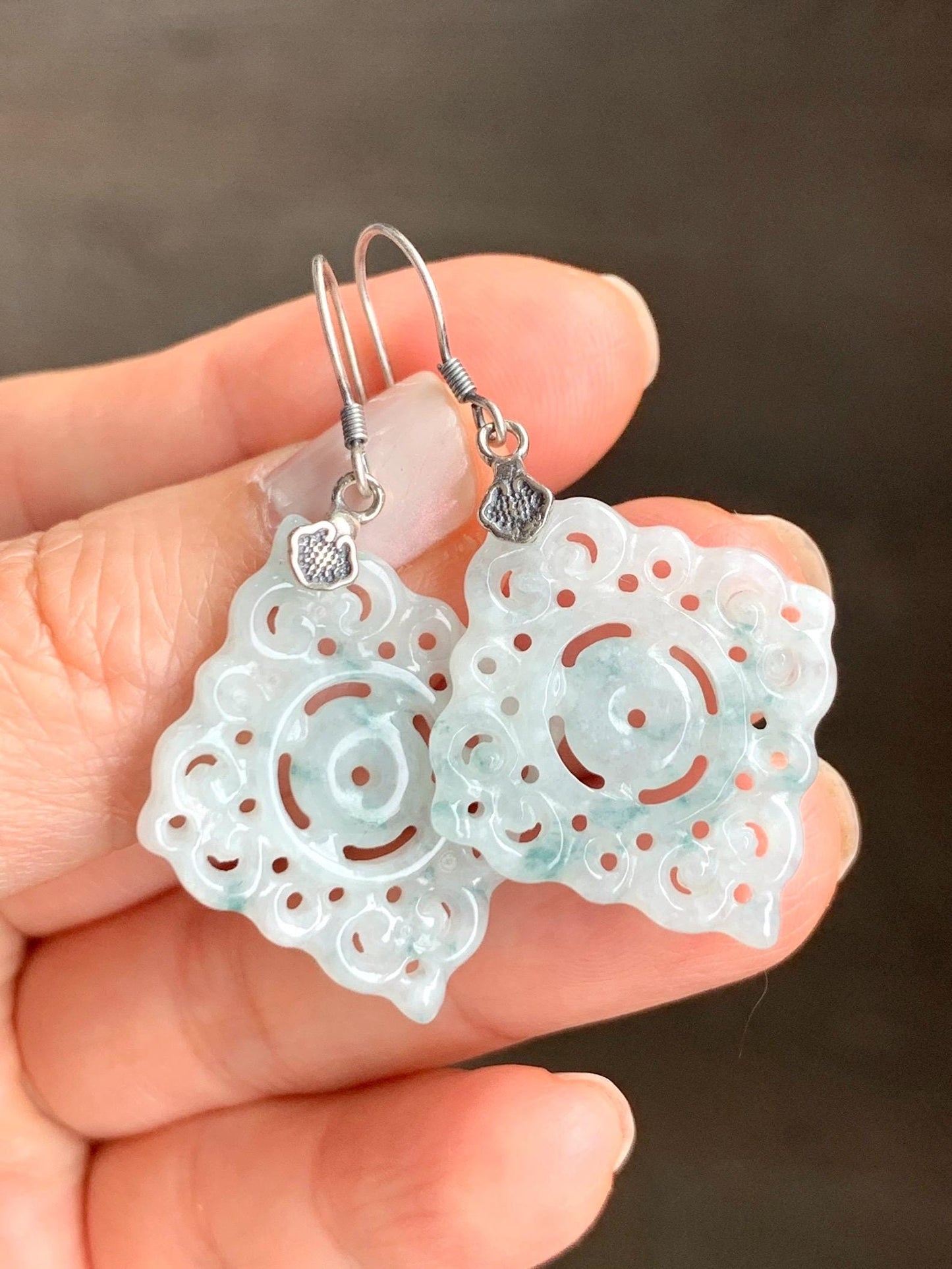 Natural Grade A Icy Translucent White Teal Green Marbled Jadeite Openwork Engraved Dangle Earrings Sterling Silver