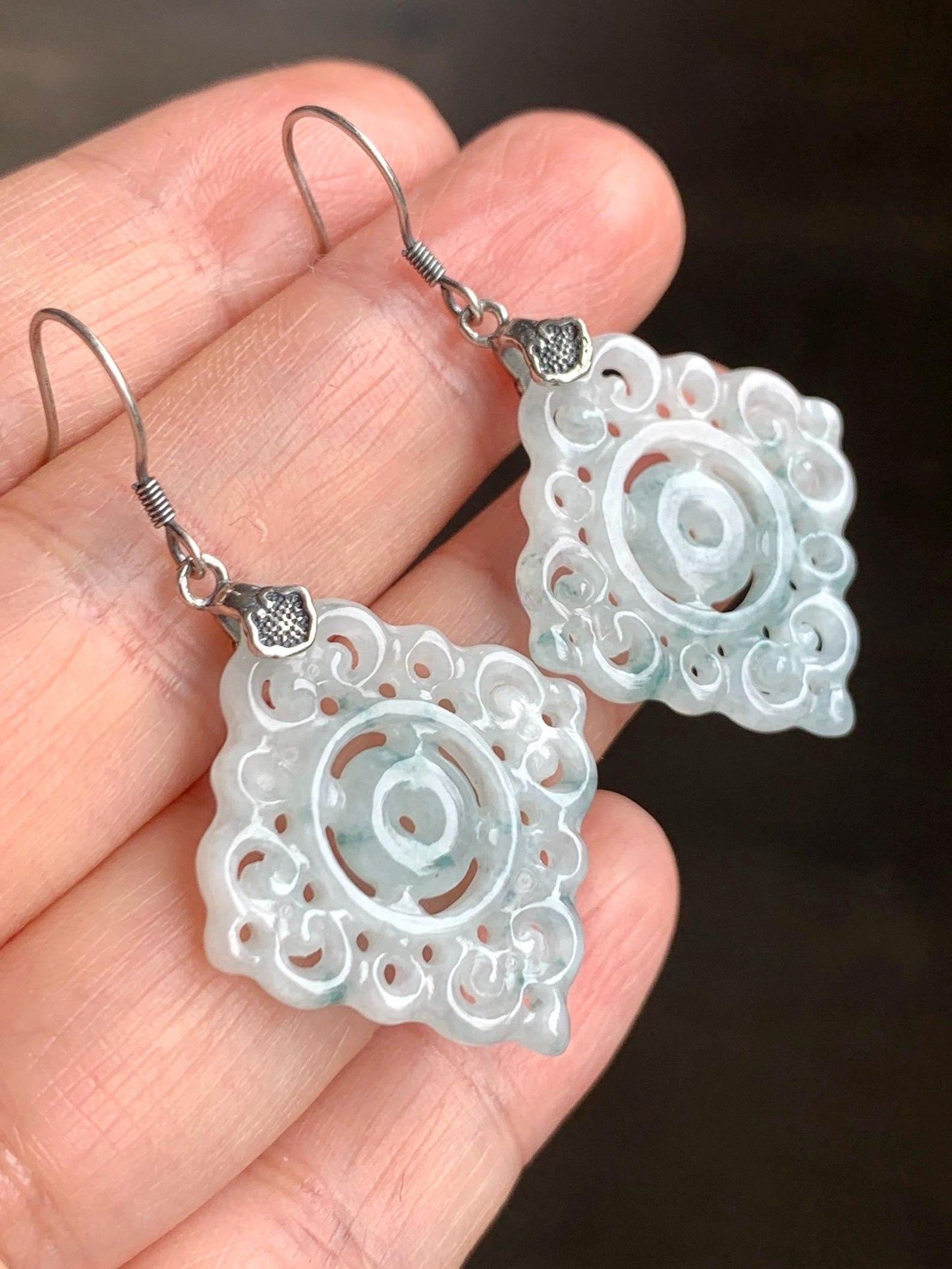 Natural Grade A Icy Translucent White Teal Green Marbled Jadeite Openwork Engraved Dangle Earrings Sterling Silver