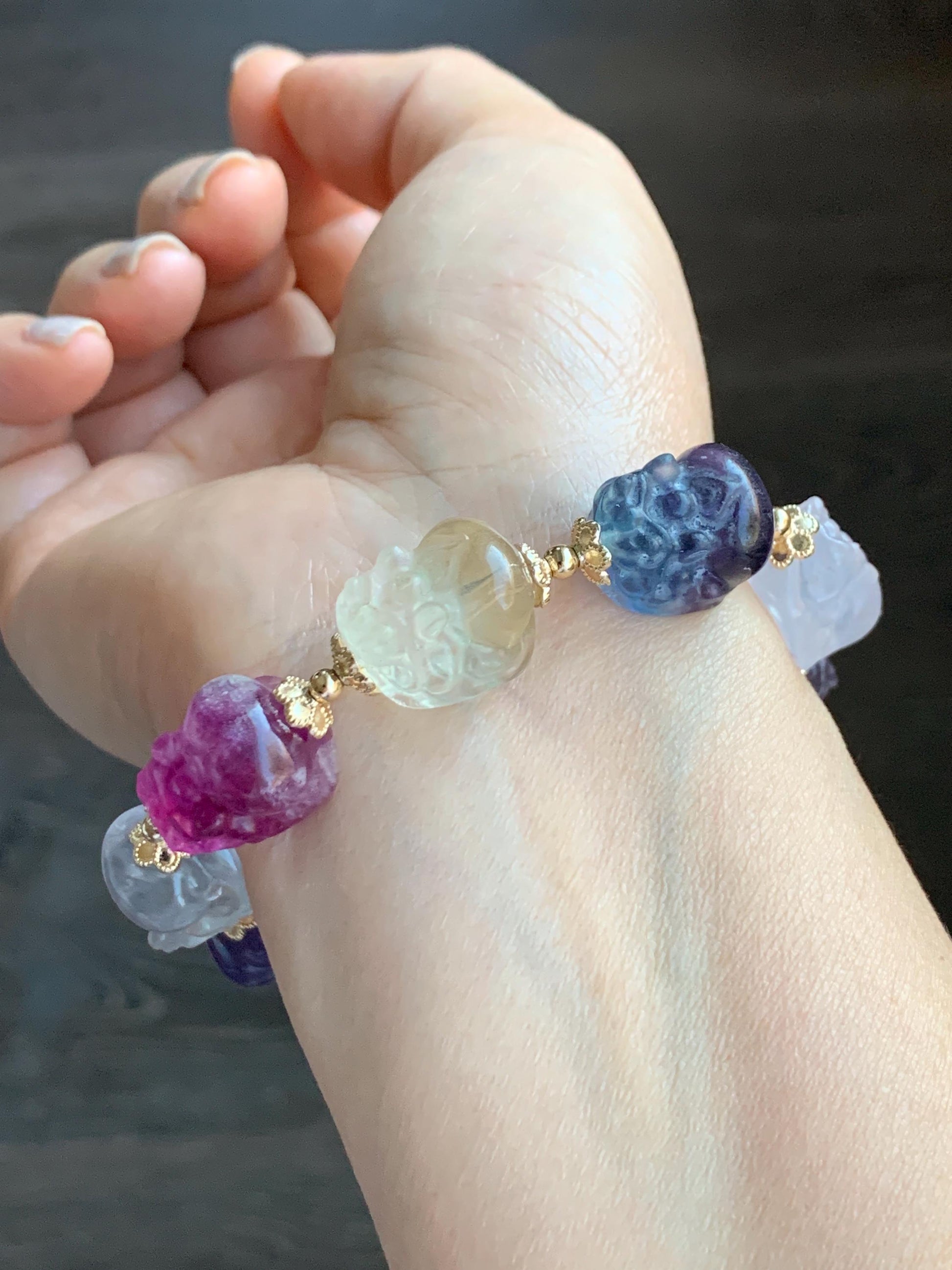 Certified Natural Premium Icy Rainbow Multicolored Fluorite Carved Pixiu Beaded Bracelet 7.75” 44.83g 天然高品质多宝萤石貔貅珠手串 6357