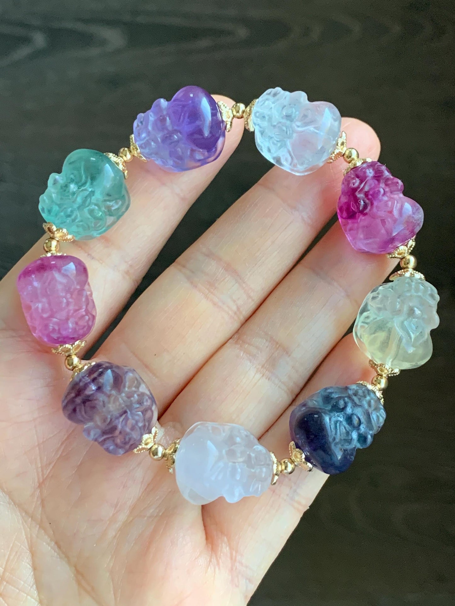 Certified Natural Premium Icy Rainbow Multicolored Fluorite Carved Pixiu Beaded Bracelet 7.75” 44.83g 天然高品质多宝萤石貔貅珠手串 6357