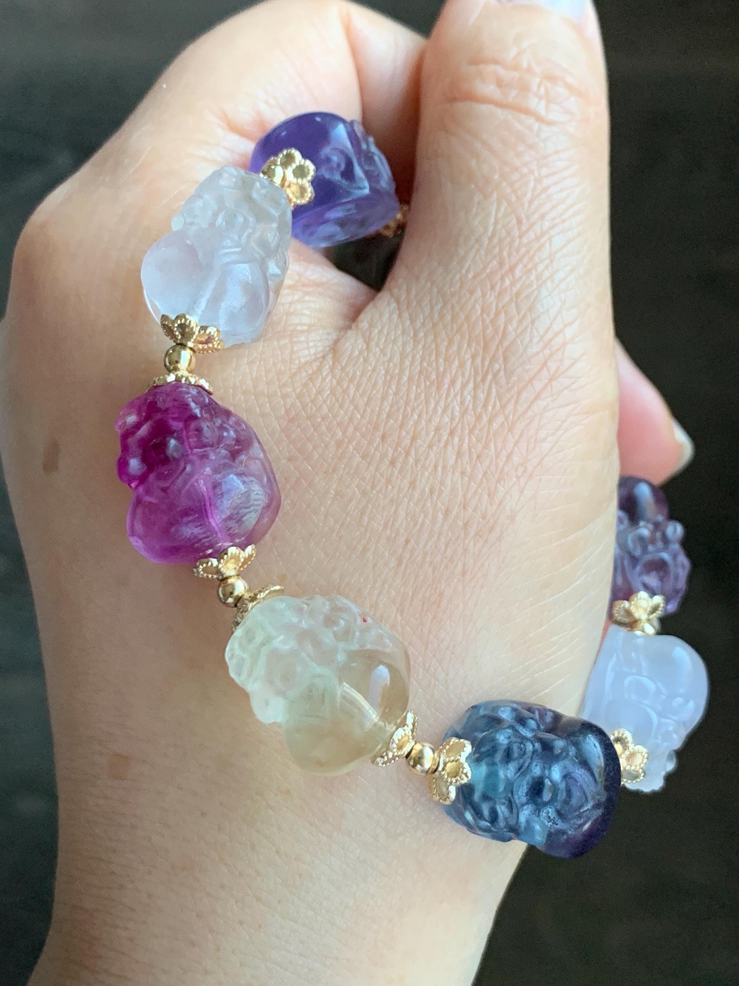 Certified Natural Premium Icy Rainbow Multicolored Fluorite Carved Pixiu Beaded Bracelet 7.75” 44.83g 天然高品质多宝萤石貔貅珠手串 6357