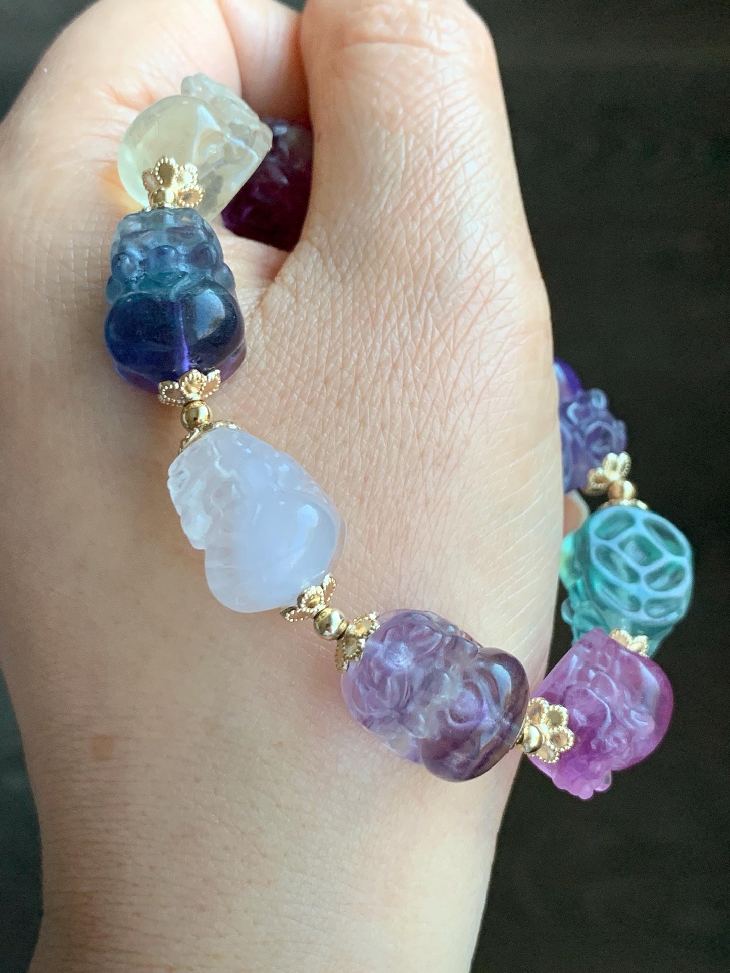 Certified Natural Premium Icy Rainbow Multicolored Fluorite Carved Pixiu Beaded Bracelet 7.75” 44.83g 天然高品质多宝萤石貔貅珠手串 6357