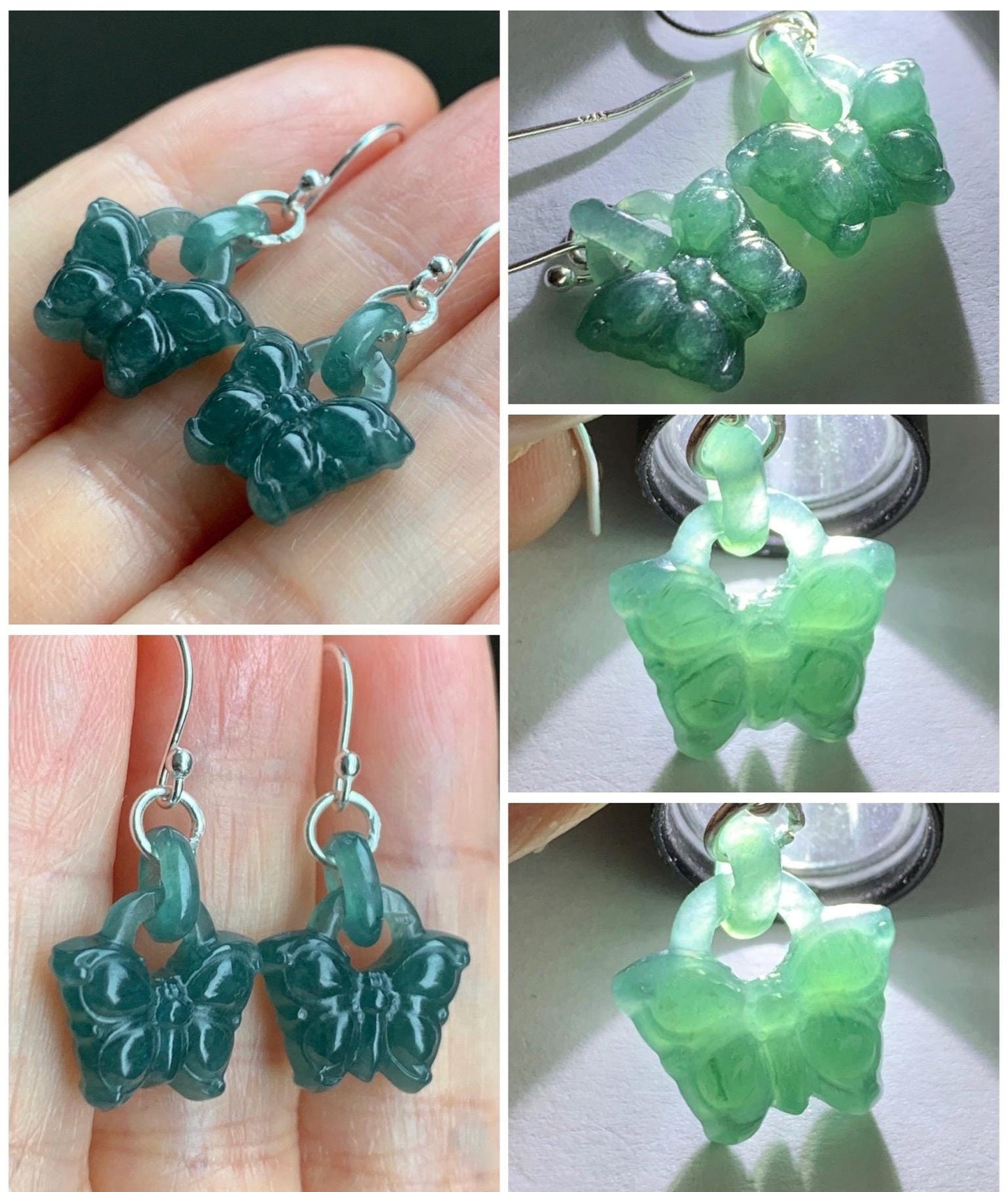 Natural Guatemalan Icy Translucent Dark Teal Blue Jadeite Butterfly w/ Interlocking Rings Dangle Earrings Sterling Silver 天然冰危湖水蓝翡翠蝴蝶环环相扣银耳钩