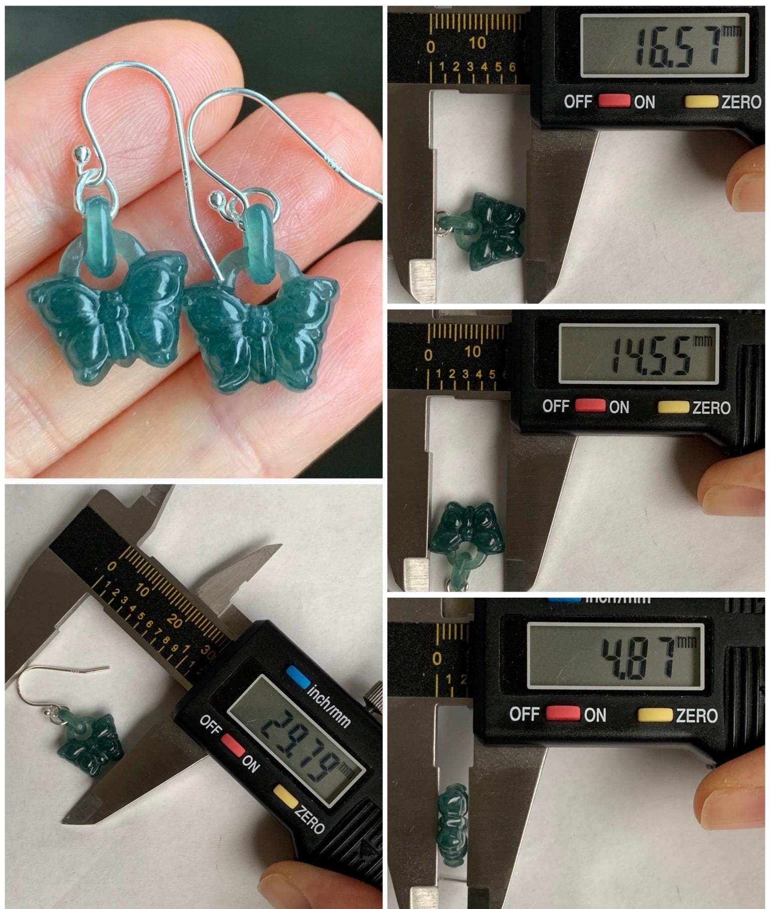 Natural Guatemalan Icy Translucent Dark Teal Blue Jadeite Butterfly w/ Interlocking Rings Dangle Earrings Sterling Silver 天然冰危湖水蓝翡翠蝴蝶环环相扣银耳钩
