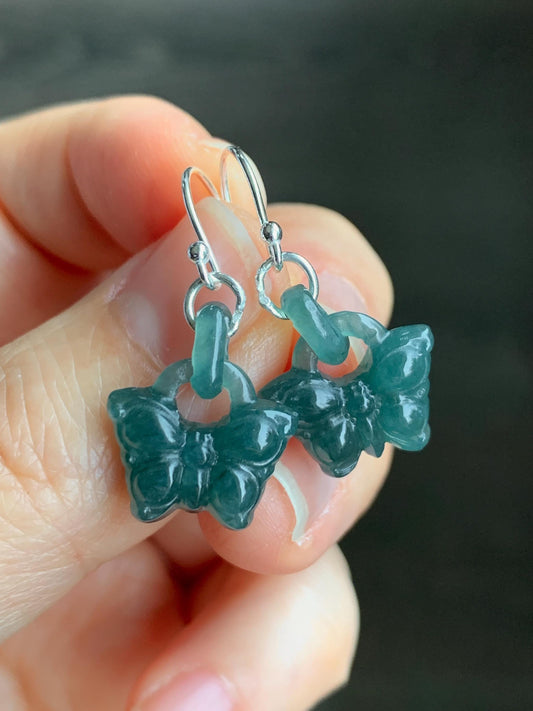 Natural Guatemalan Icy Translucent Dark Teal Blue Jadeite Butterfly w/ Interlocking Rings Dangle Earrings Sterling Silver 天然冰危湖水蓝翡翠蝴蝶环环相扣银耳钩