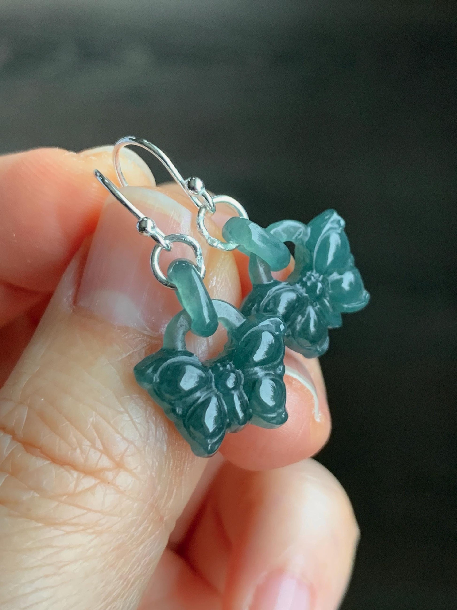 Natural Guatemalan Icy Translucent Dark Teal Blue Jadeite Butterfly w/ Interlocking Rings Dangle Earrings Sterling Silver