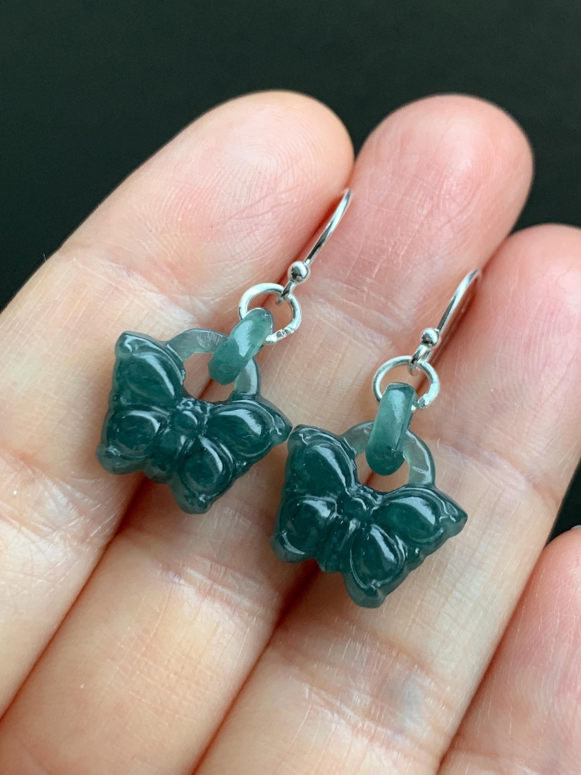 Natural Guatemalan Icy Translucent Dark Teal Blue Jadeite Butterfly w/ Interlocking Rings Dangle Earrings Sterling Silver
