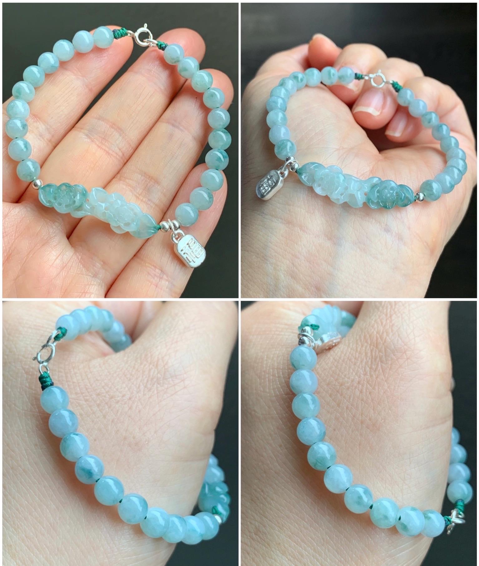 Natural Grade A Icy Translucent Gelatinous Teal Green Marbled Jadeite Lotus Flower Beaded Bracelet Sterling Silver 6.5" 9g 天然冰飘花翡翠莲花圆珠手串