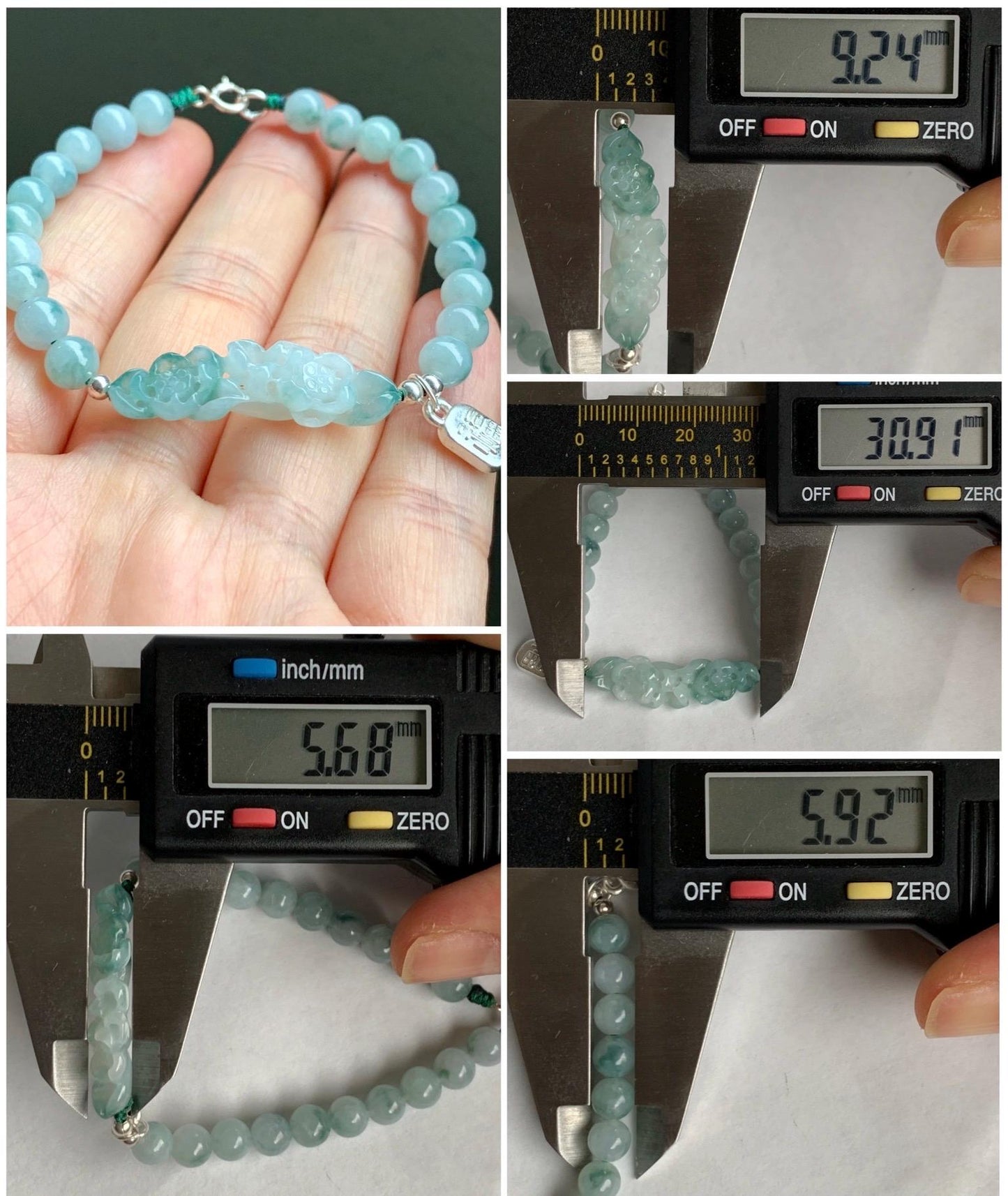 Natural Grade A Icy Translucent Gelatinous Teal Green Marbled Jadeite Lotus Flower Beaded Bracelet Sterling Silver 6.5" 9g 天然冰飘花翡翠莲花圆珠手串