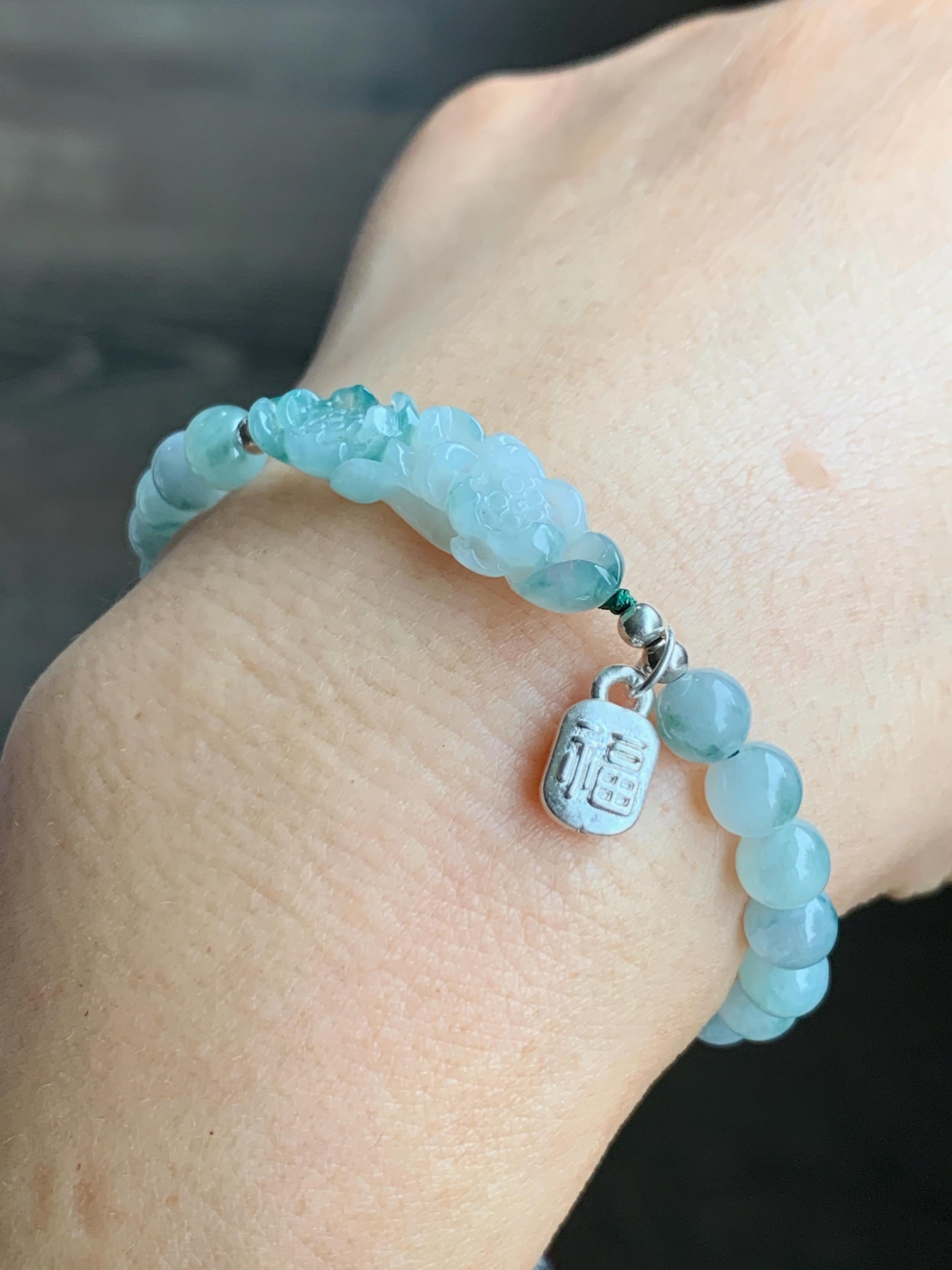 Natural Grade A Icy Translucent Gelatinous Teal Green Marbled Jadeite Lotus Flower Beaded Bracelet Sterling Silver 6.5" 9g 天然冰飘花翡翠莲花圆珠手串