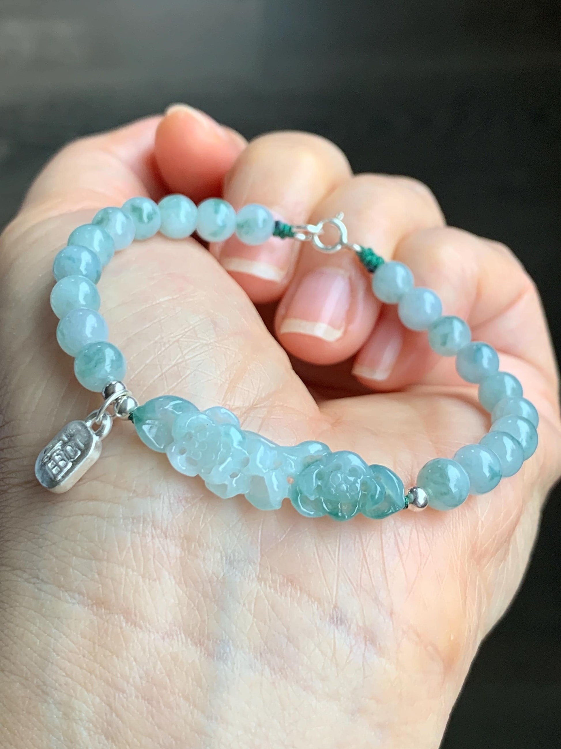 Natural Grade A Icy Translucent Gelatinous Teal Green Marbled Jadeite Lotus Flower Beaded Bracelet Sterling Silver 6.5" 9g 天然冰飘花翡翠莲花圆珠手串