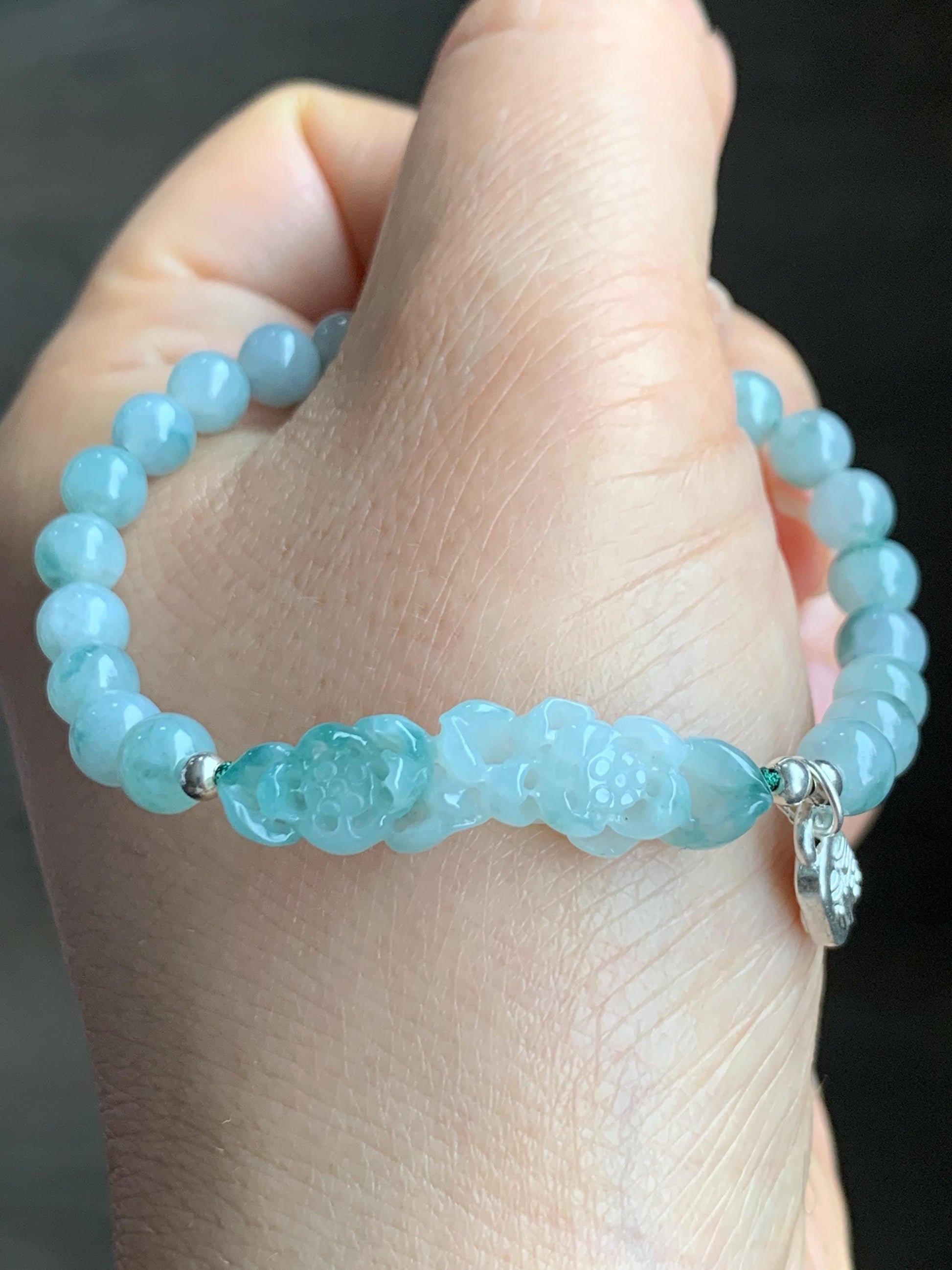 Natural Grade A Icy Translucent Gelatinous Teal Green Marbled Jadeite Lotus Flower Beaded Bracelet Sterling Silver 6.5" 9g 天然冰飘花翡翠莲花圆珠手串