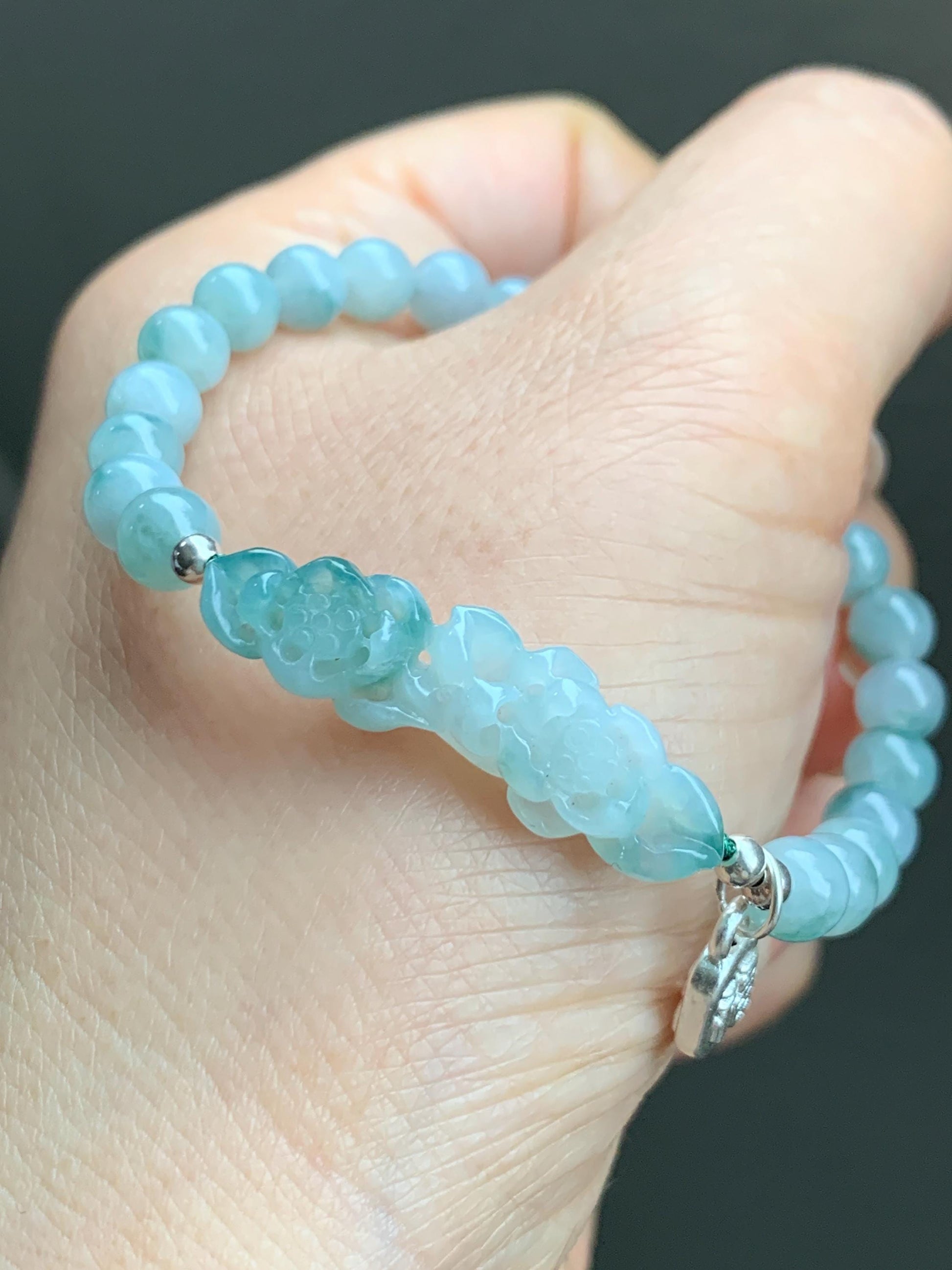Natural Grade A Icy Translucent Gelatinous Teal Green Marbled Jadeite Lotus Flower Beaded Bracelet Sterling Silver 6.5" 9g 天然冰飘花翡翠莲花圆珠手串