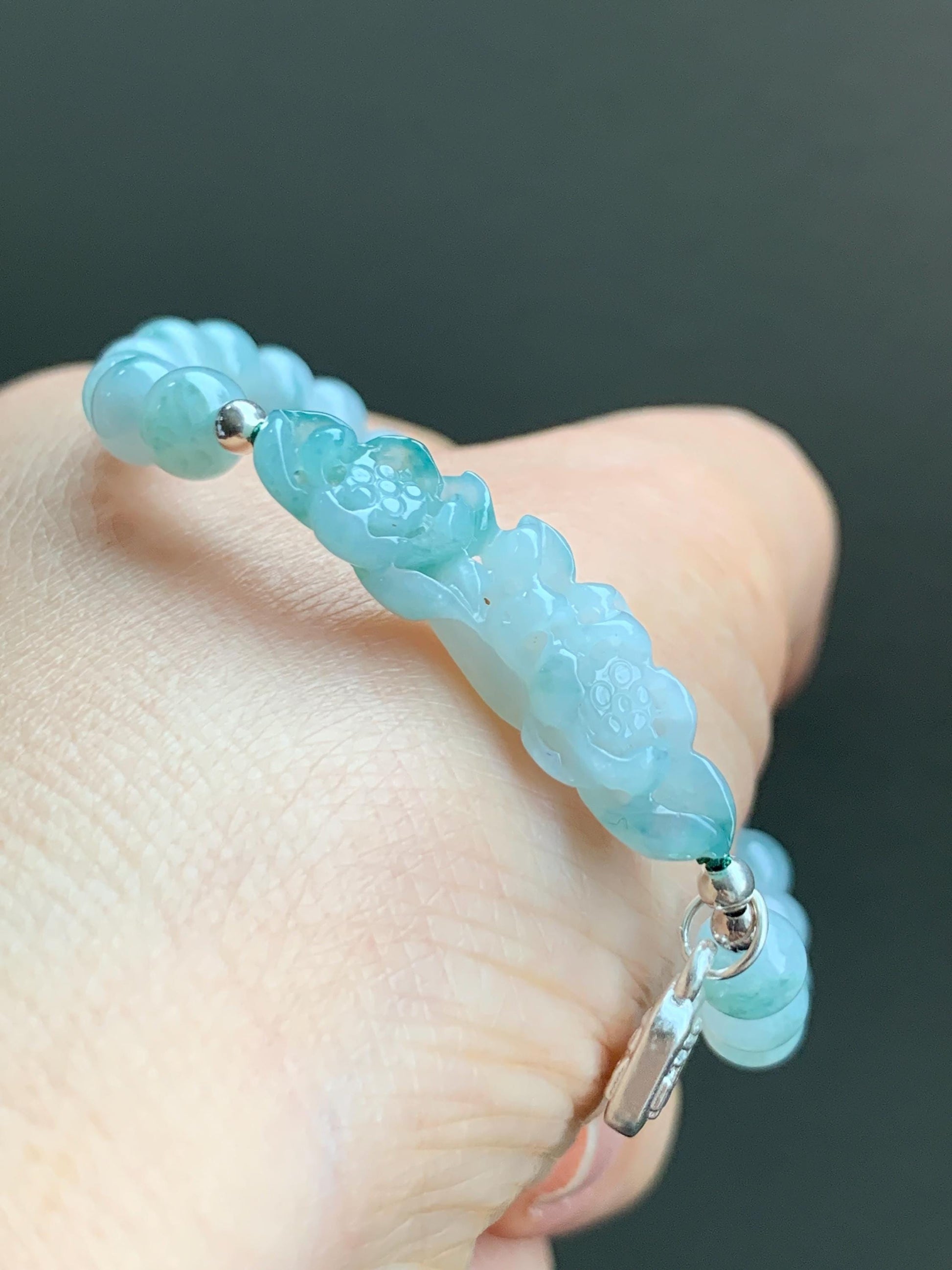 Natural Grade A Icy Translucent Gelatinous Teal Green Marbled Jadeite Lotus Flower Beaded Bracelet Sterling Silver 6.5" 9g 天然冰飘花翡翠莲花圆珠手串
