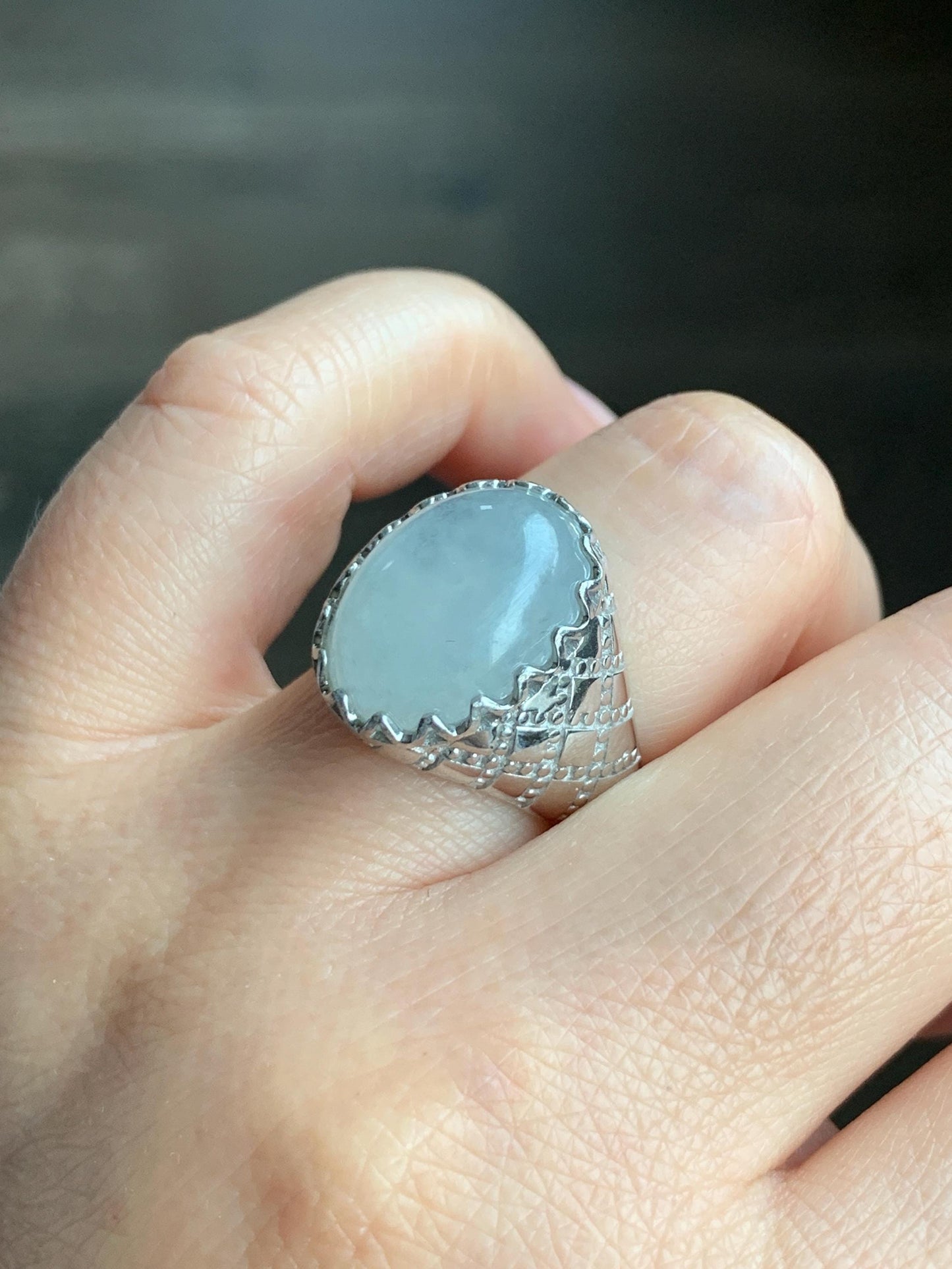 Certified Natural Grade A Icy Translation White Large Jadeite Oval Solitaire Ring Sterling Silver Size 7.25 US
