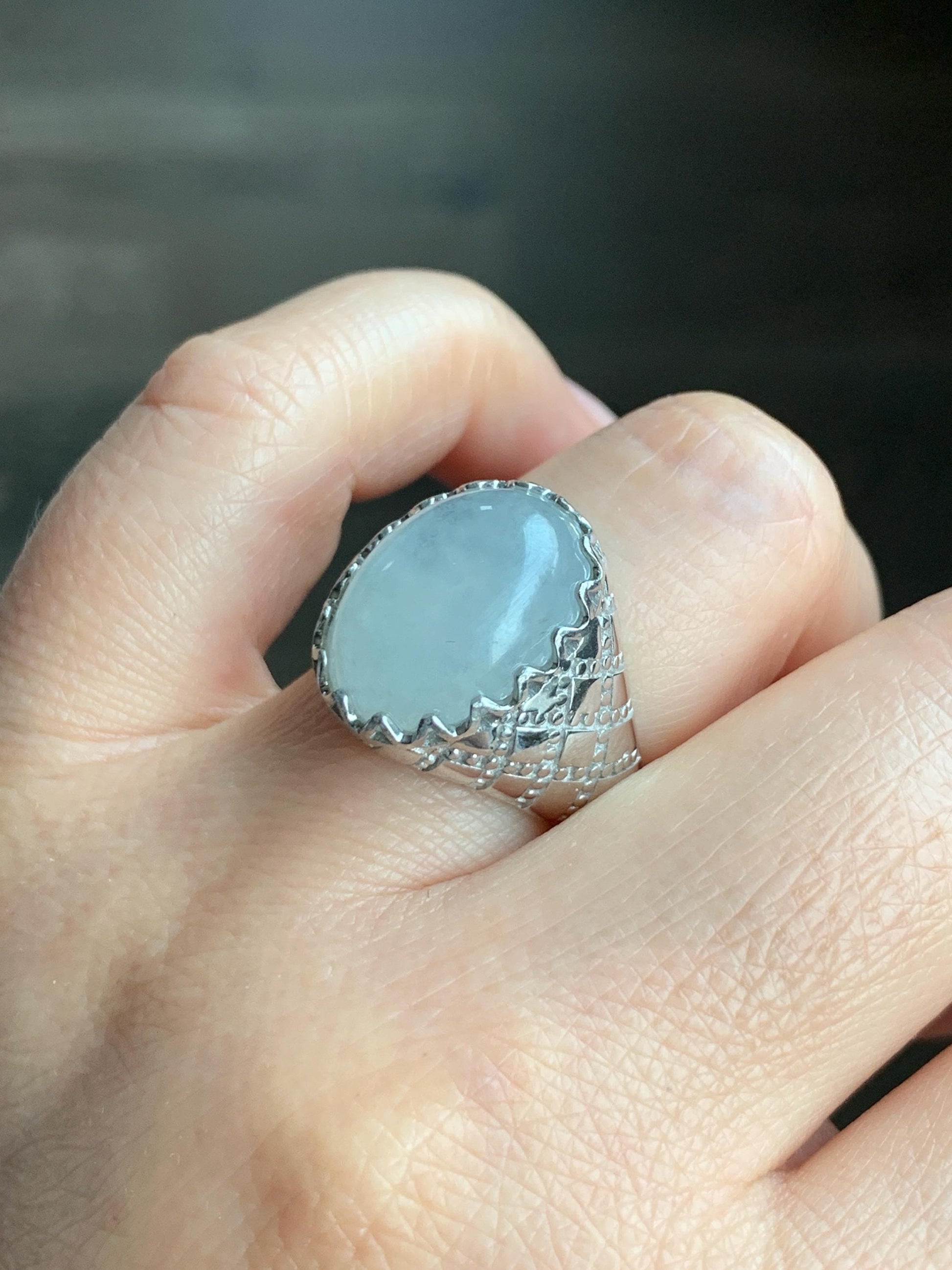 Certified Natural Grade A Icy Translation White Large Jadeite Oval Solitaire Ring Sterling Silver Size 7.25 US
