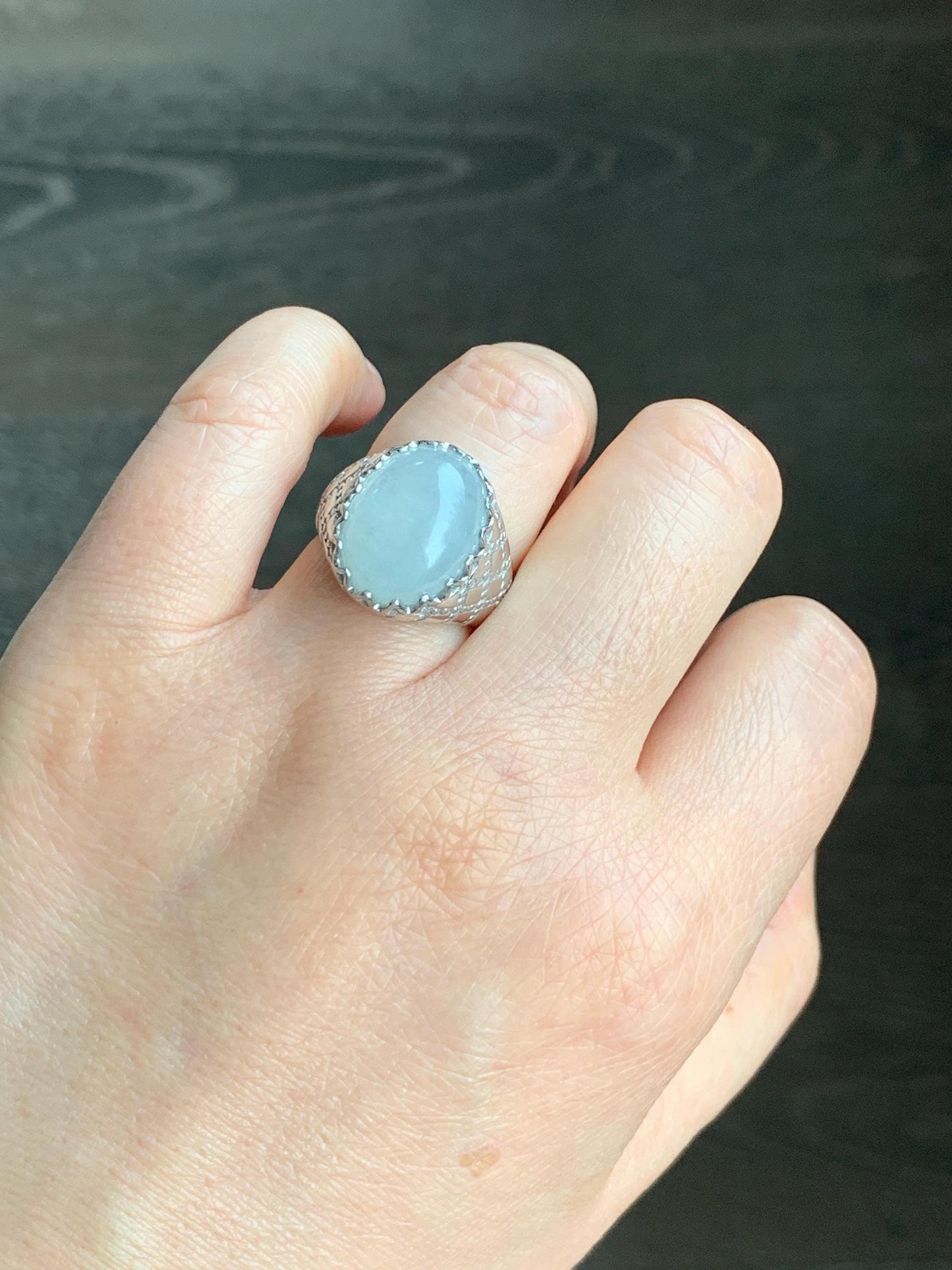 Certified Natural Grade A Icy Translation White Large Jadeite Oval Solitaire Ring Sterling Silver Size 7.25 US