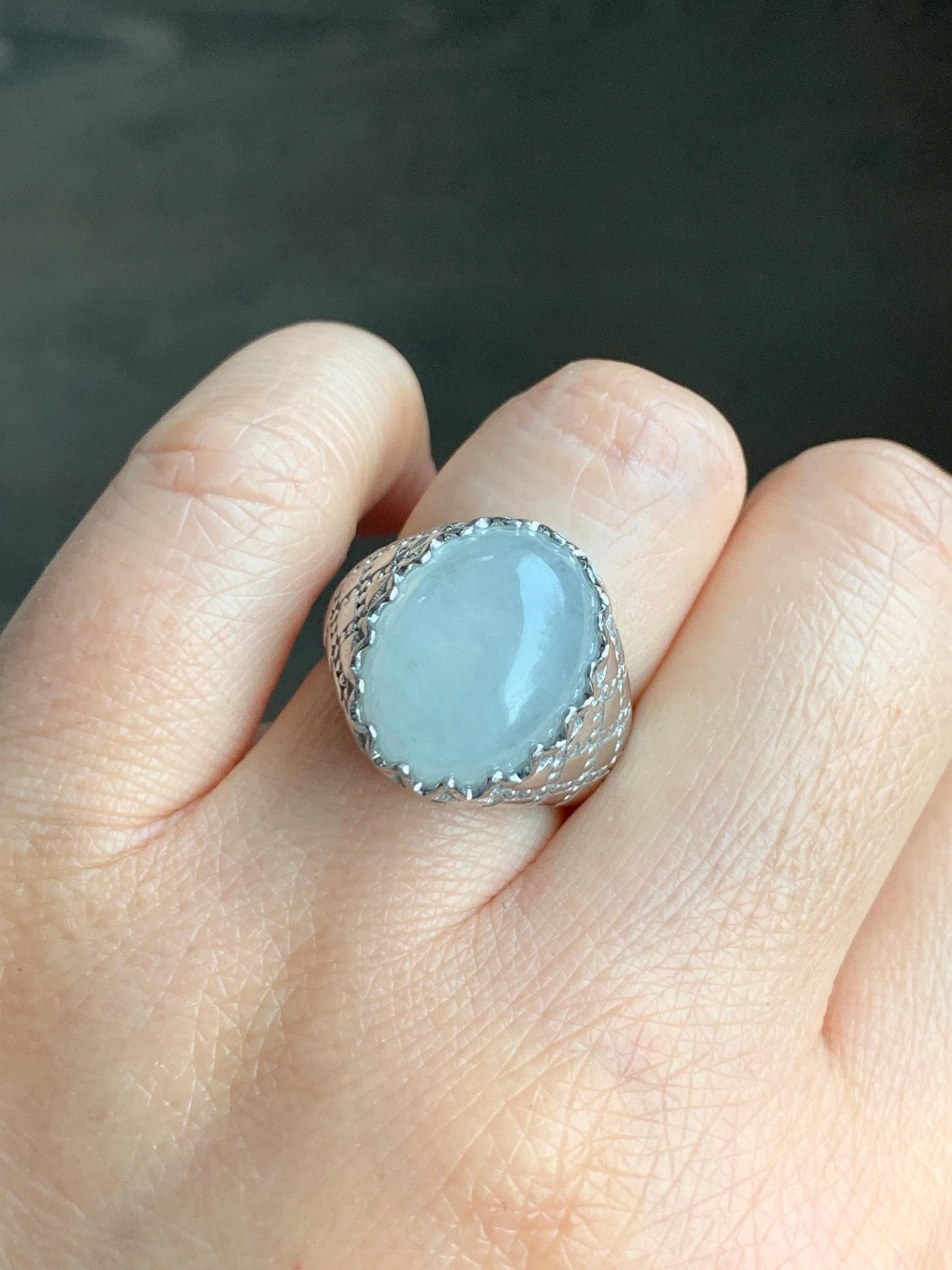 Certified Natural Grade A Icy Translation White Large Jadeite Oval Solitaire Ring Sterling Silver Size 7.25 US